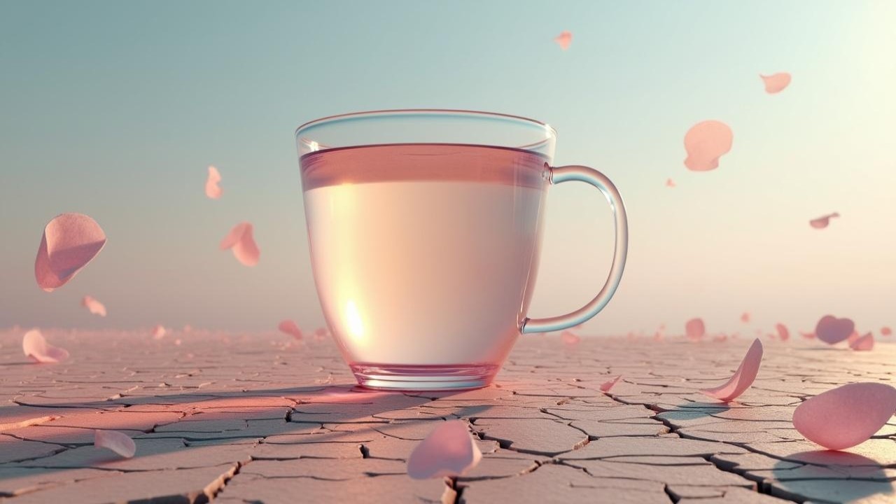 Glass Cup with Water and Pink Petals on Dry Surface