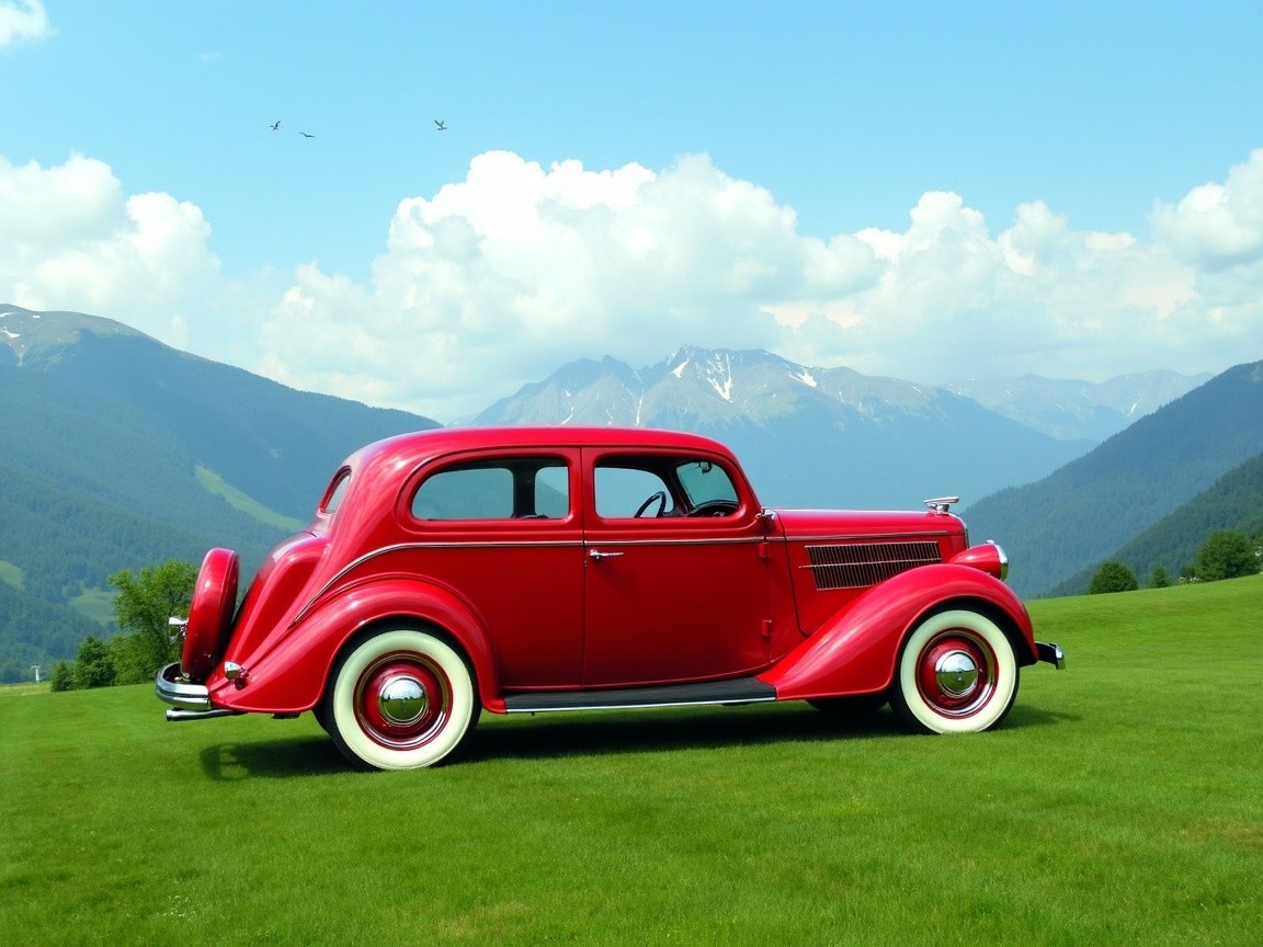 Vintage Red Car on Green Lawn with Mountain View