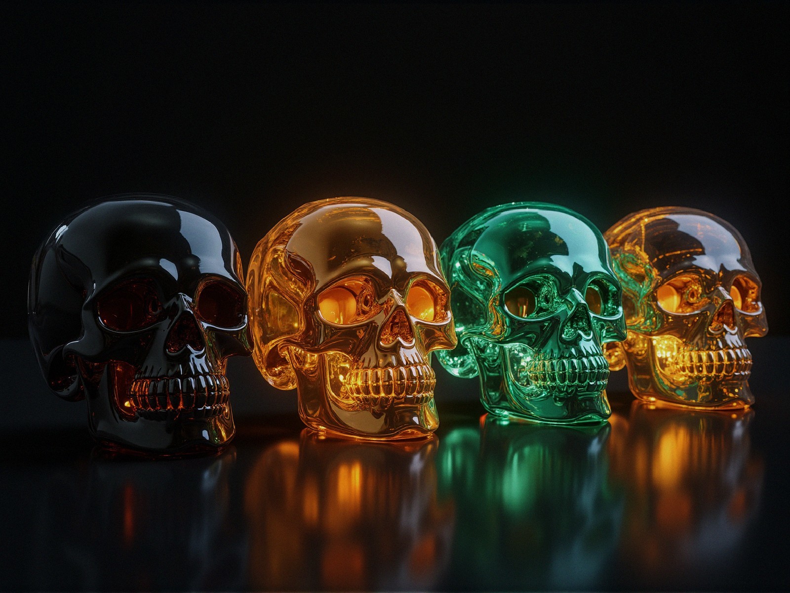 Display of Four Colorful Glass Skulls on Dark Background