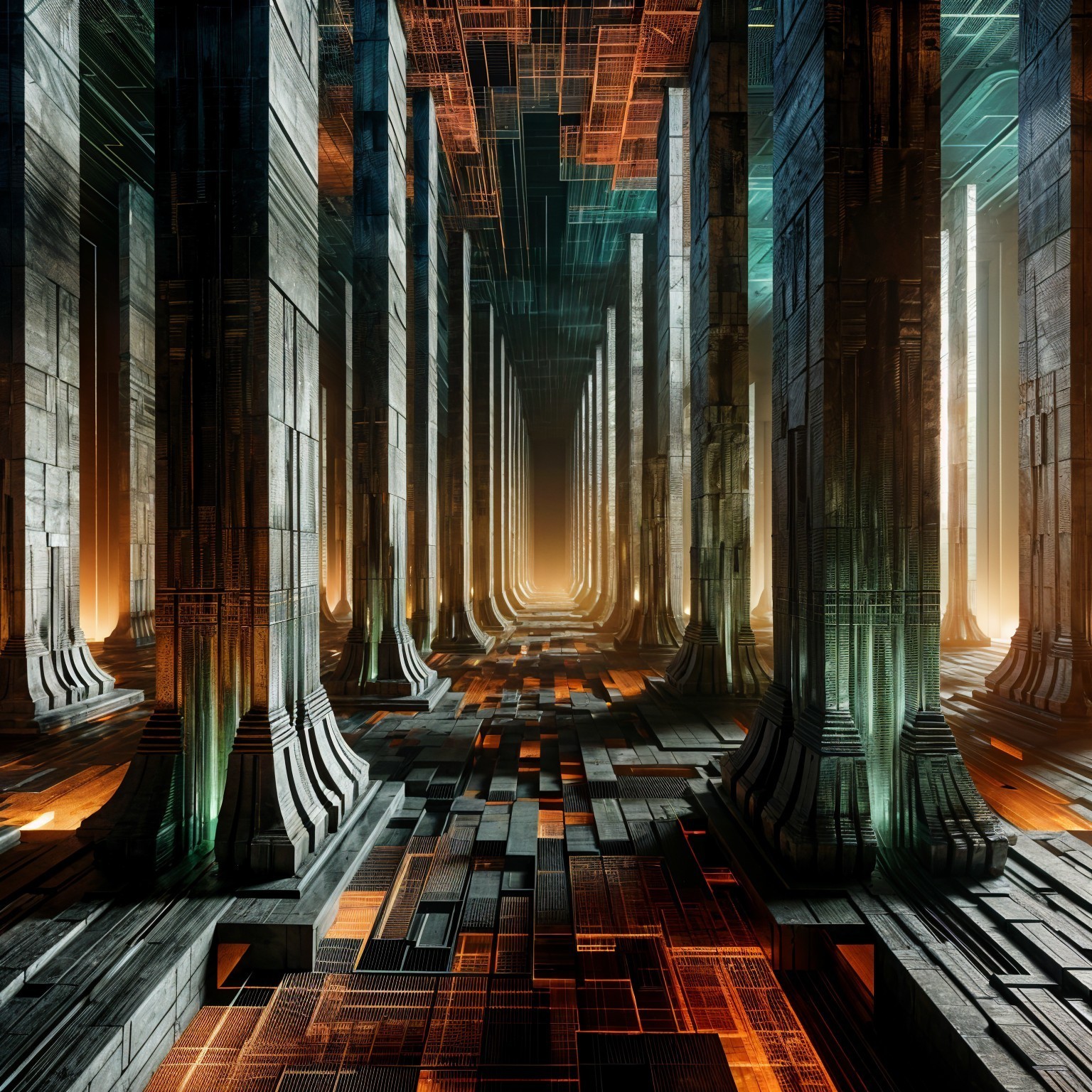 Futuristic corridor with intricate pillars and lighting
