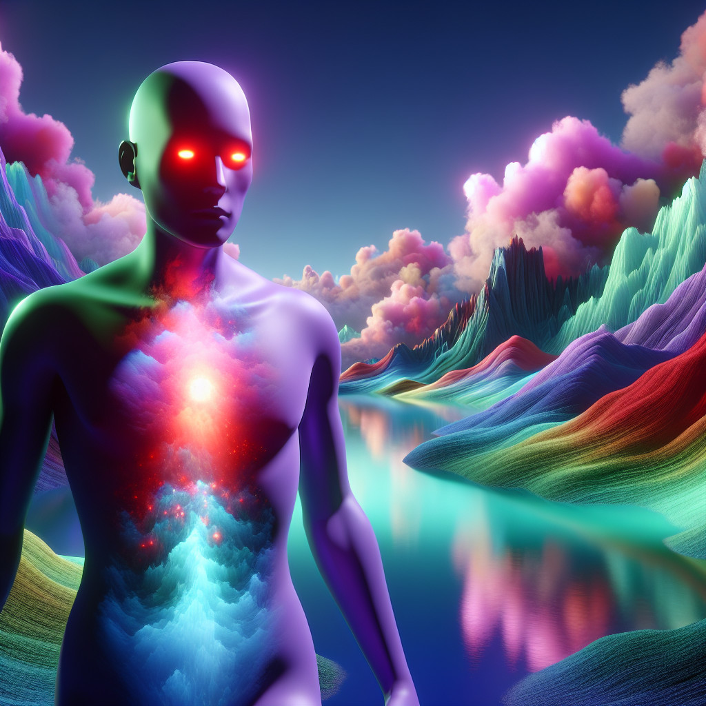 Surreal Landscape with Humanoid Figure and Vibrant Colors