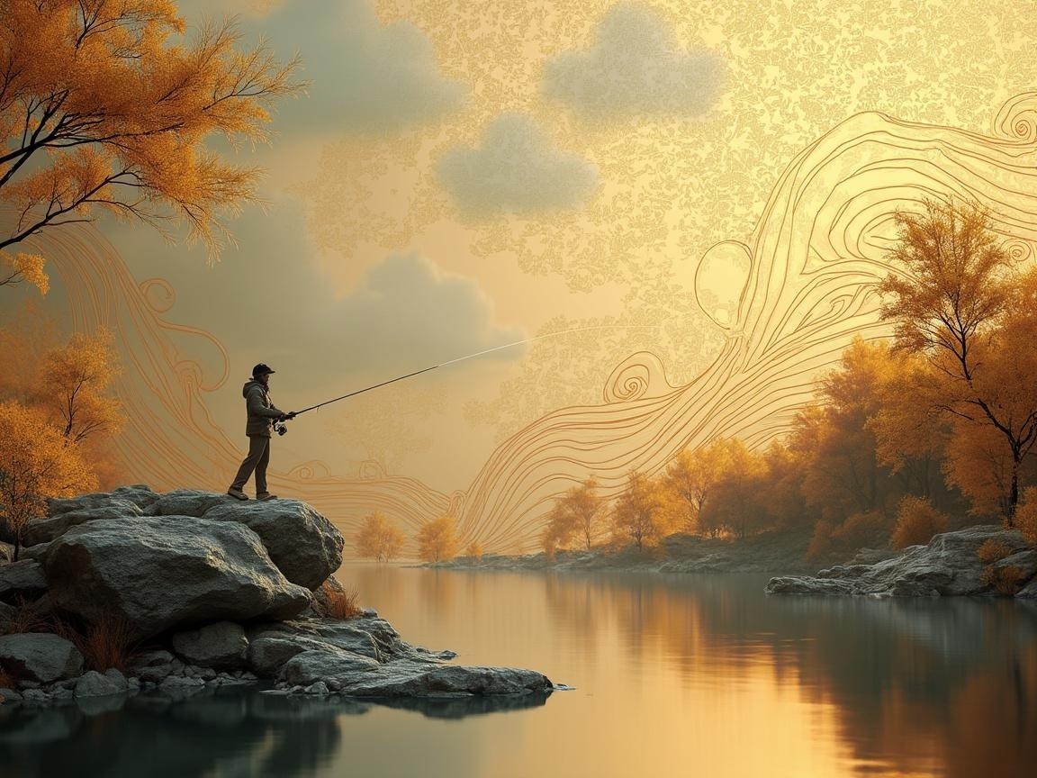 Lone Fisherman by Calm River in Autumn Foliage