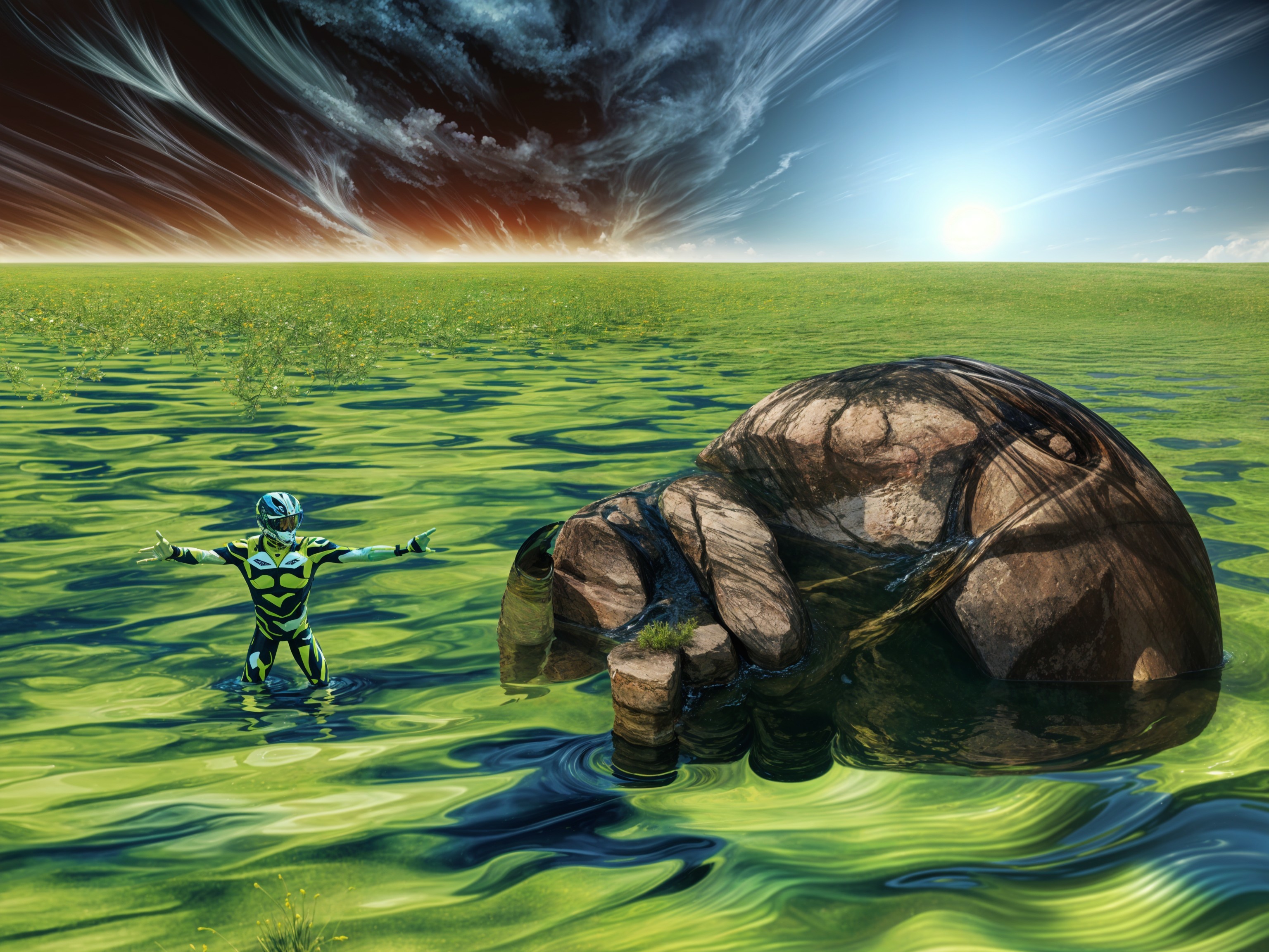 Surreal Landscape with Humanoid Figure and Elephant