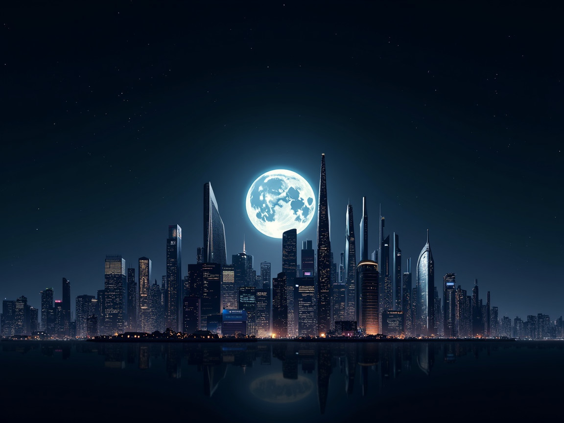 Nighttime City Skyline with Illuminated Skyscrapers