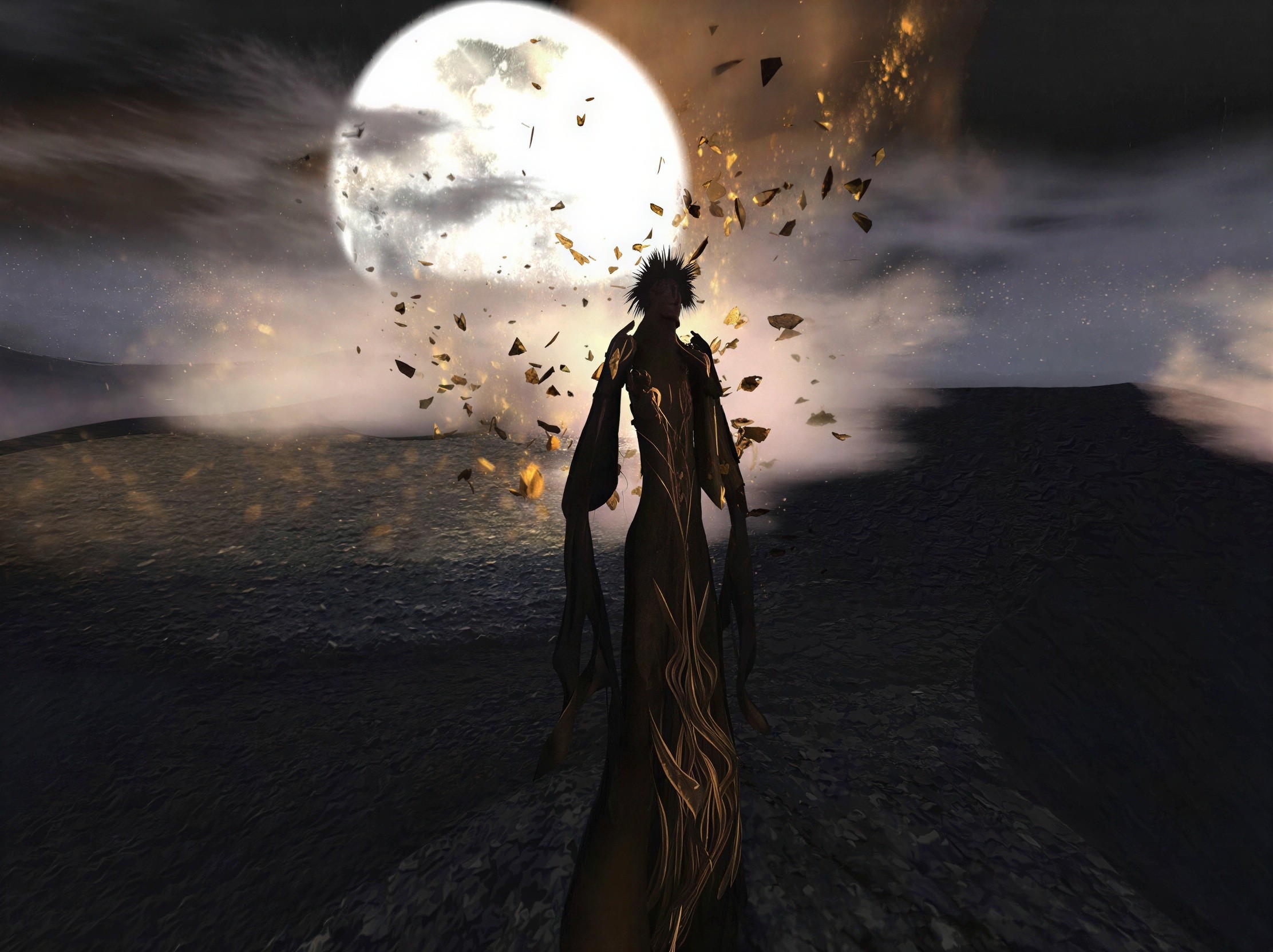 Dark-Skinned Ghost Character in Flowing Drapery with Moon