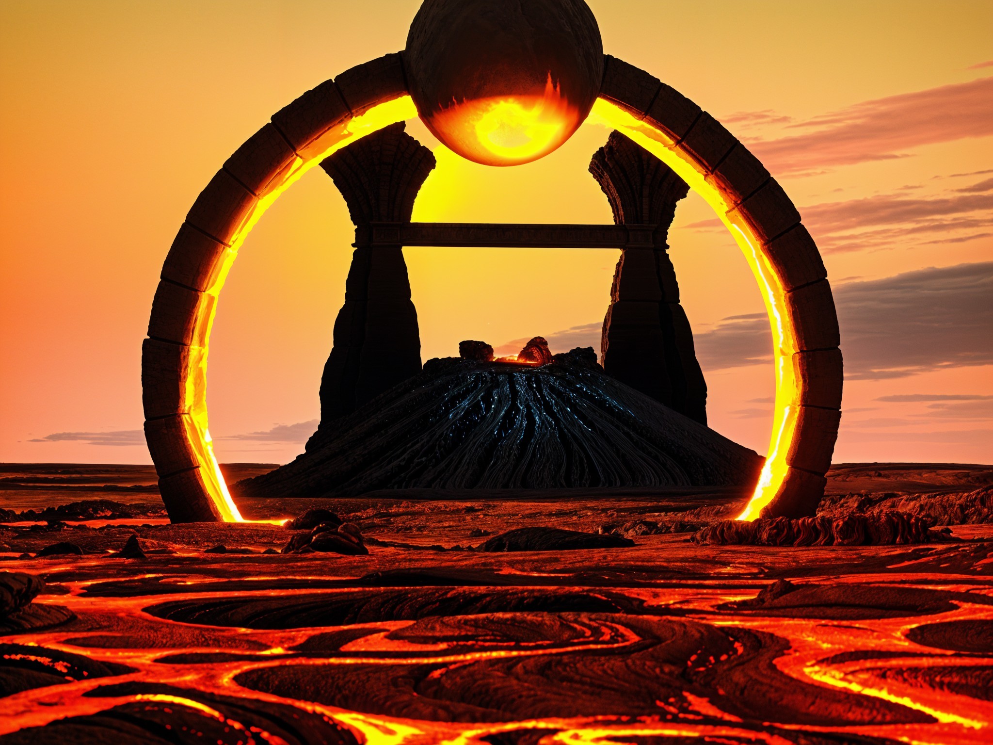Surreal Landscape with Glowing Archway and Lava Flow