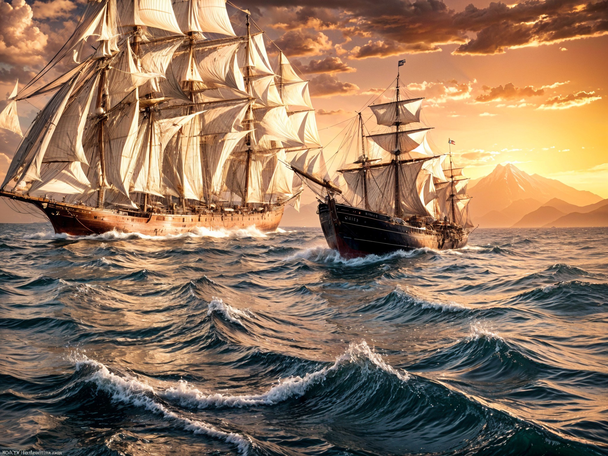 Tall Ships Sailing at Sunset with Distant Mountains