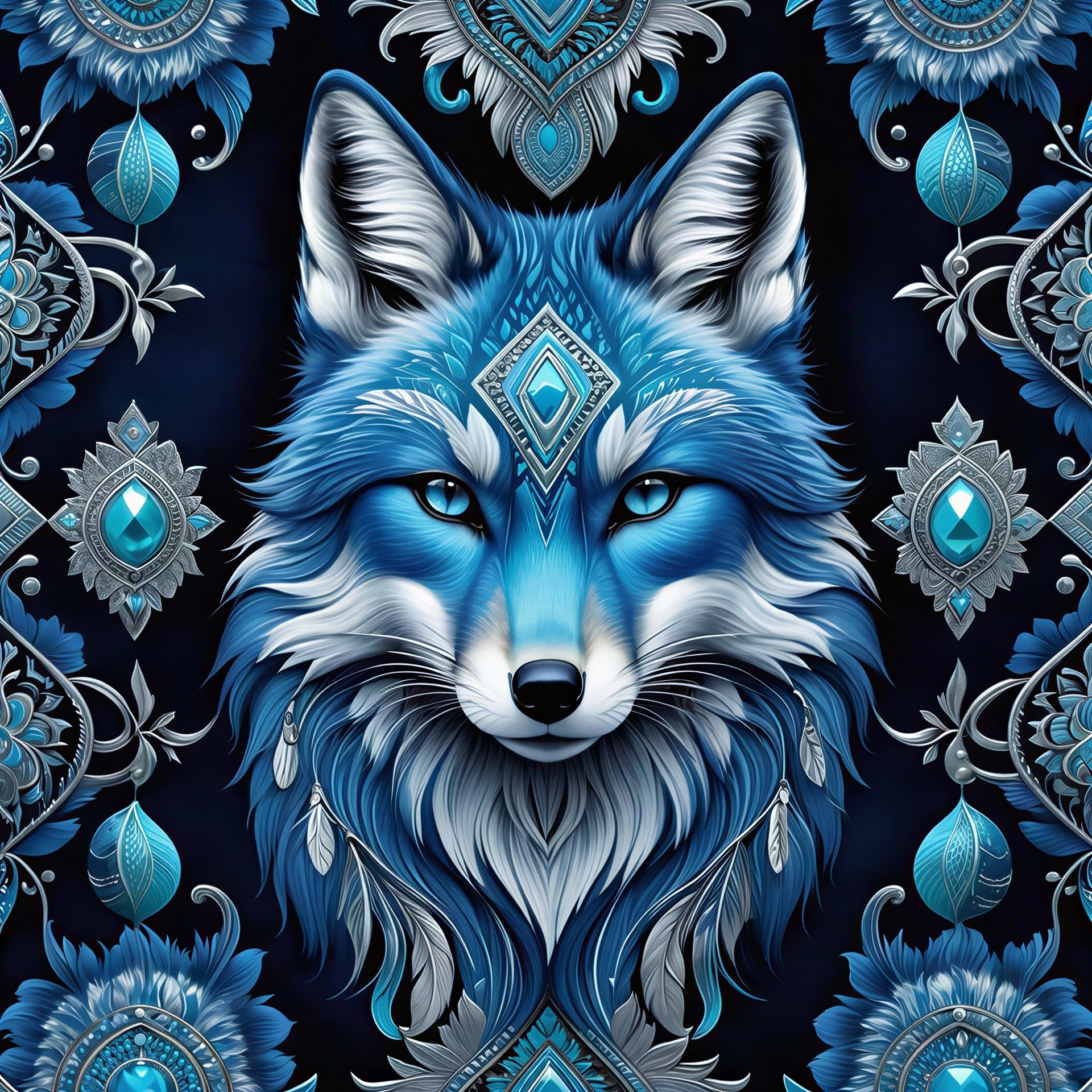 Majestic Tribal Blue and White Fox Digital Painting