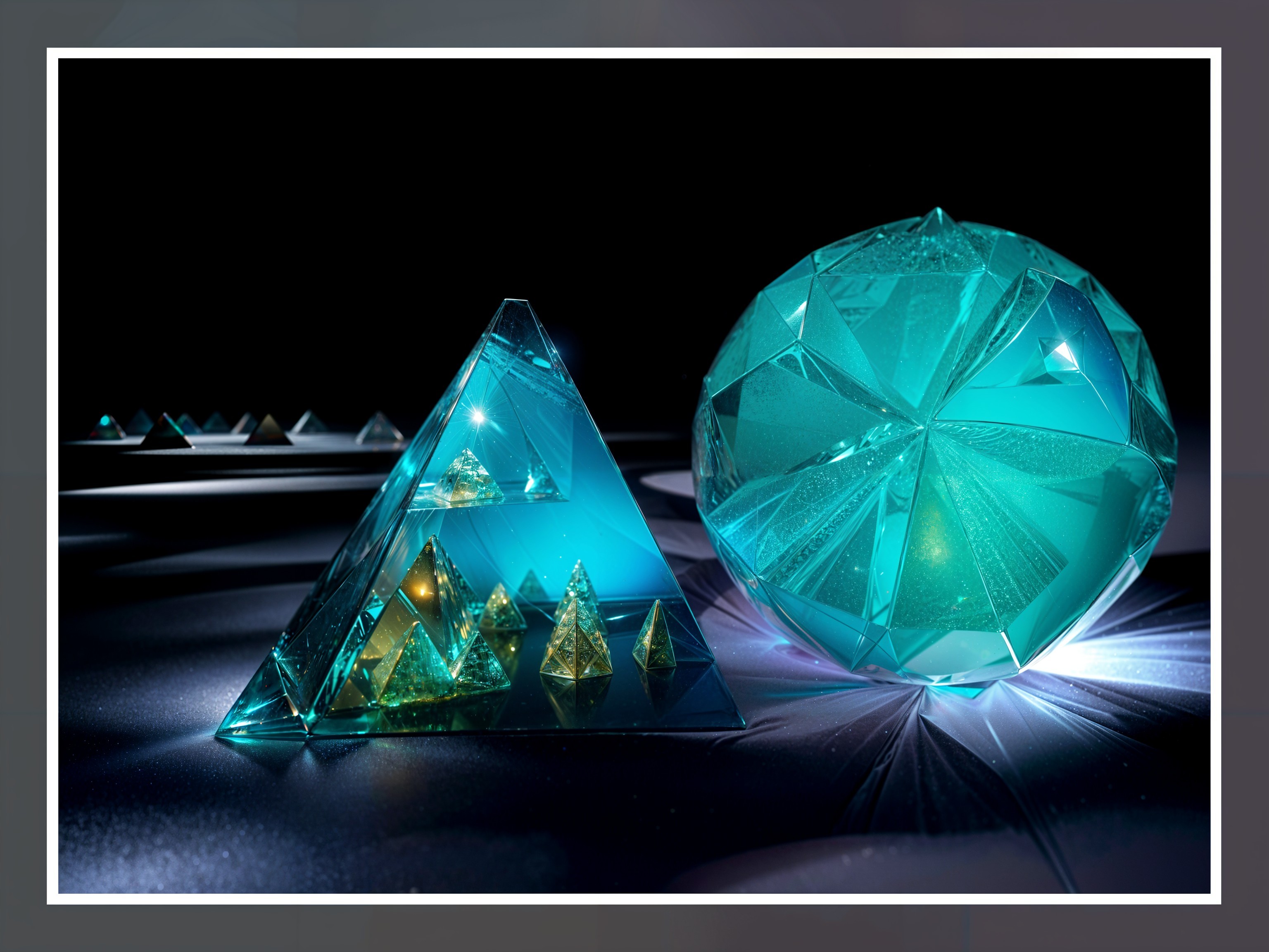 Geometric Crystal Shapes with Turquoise Glow and Reflection