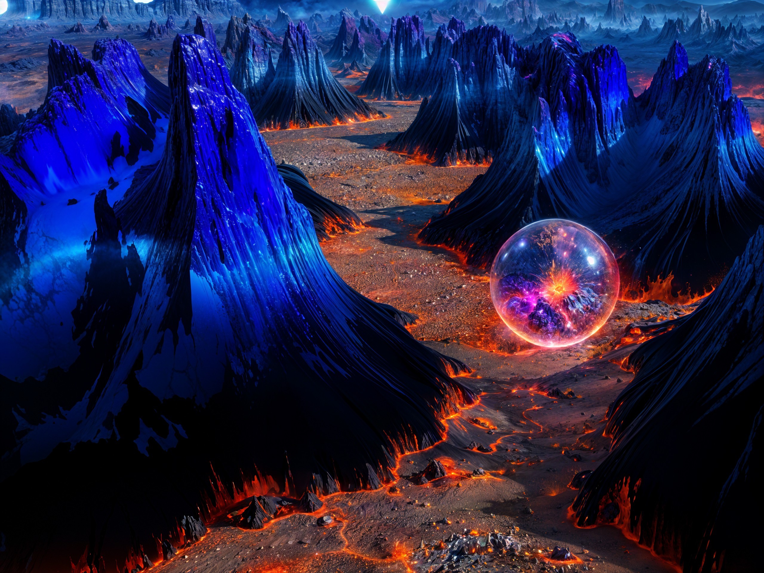 Surreal landscape with jagged mountains and glowing lava