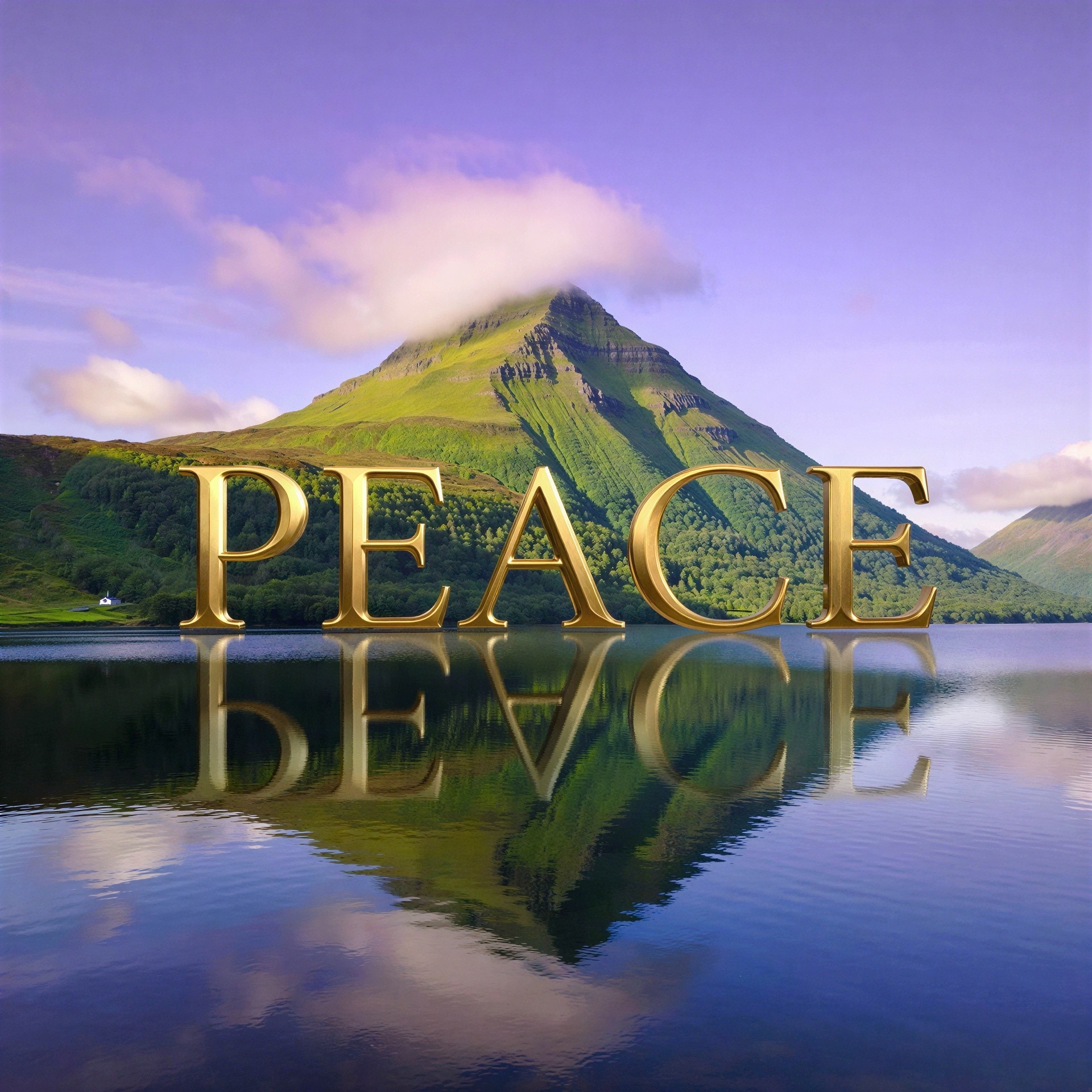 Golden "PEACE" Reflection in Calm Blue Lake Scene