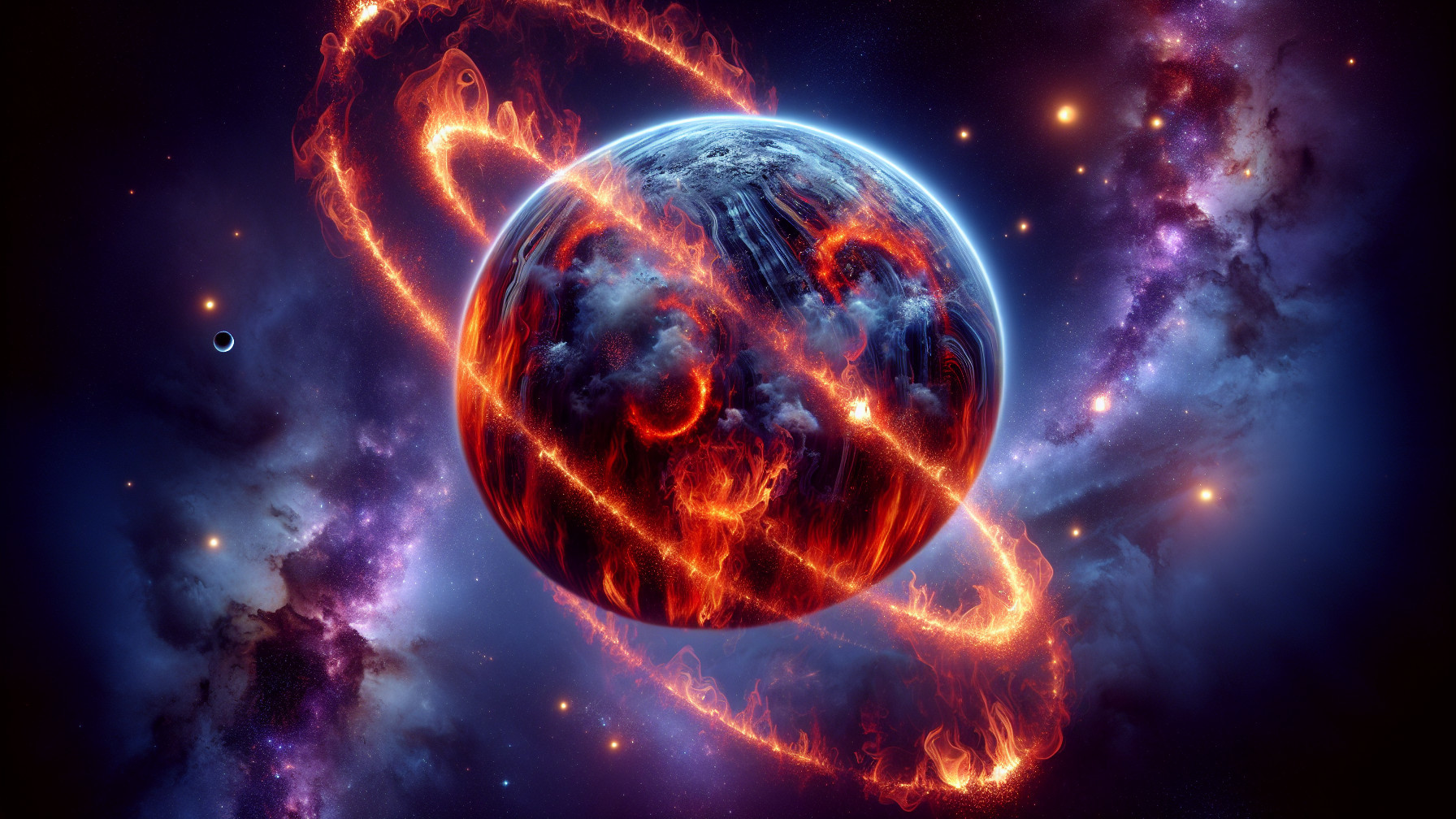 Cosmic Scene with Molten Planet and Colorful Galaxy