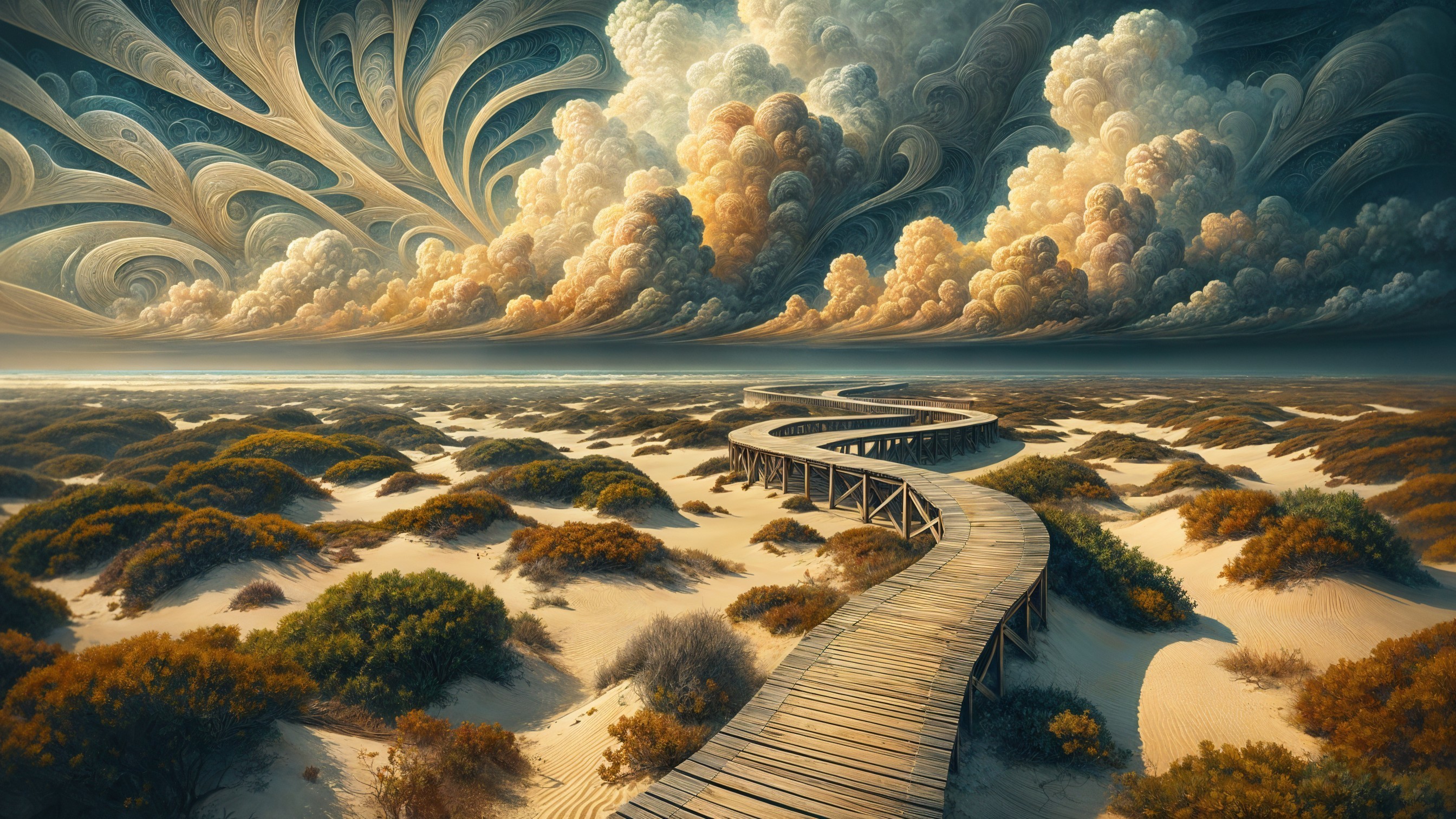 Wooden Boardwalk Through Dunes to Colorful Ocean Sky