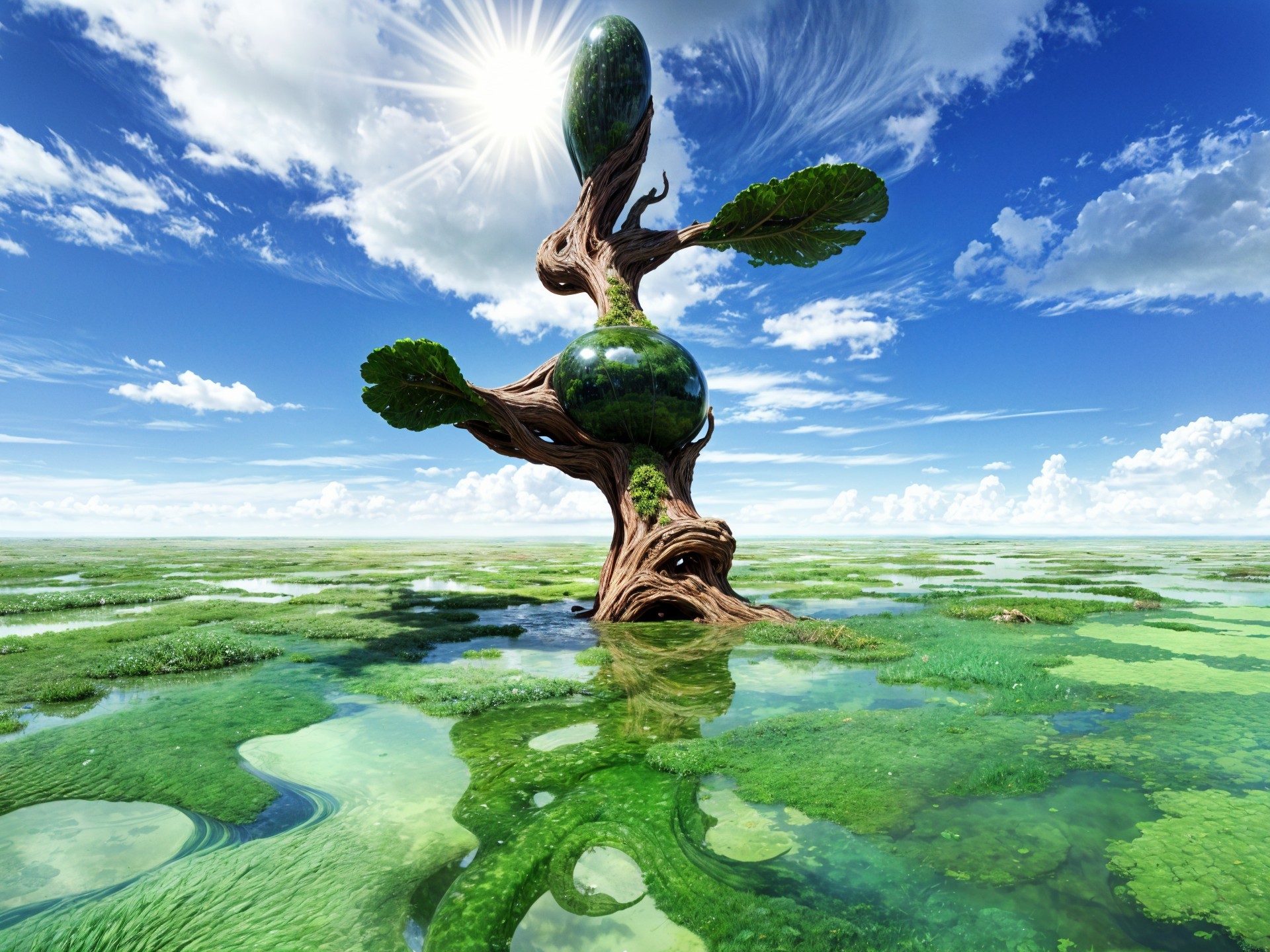 Surreal Landscape with Unique Tree and Reflective Water
