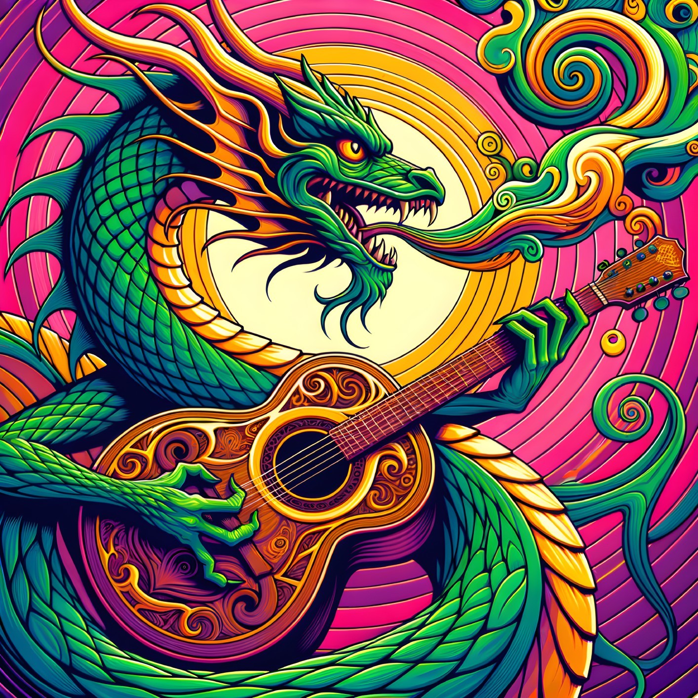 Emerald Green Dragon Playing Guitar in Colorful Scene