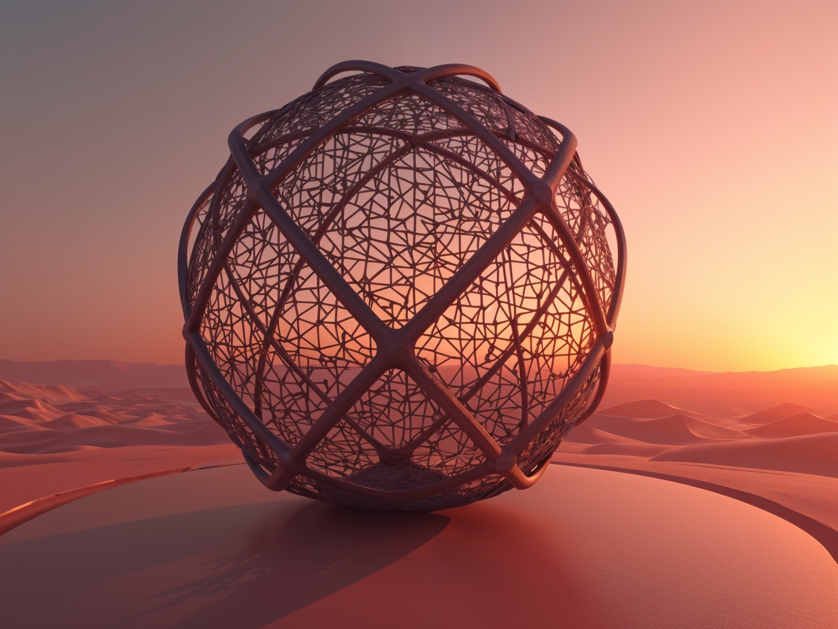 Geometric Lattice Sphere in Desert Sunset Landscape