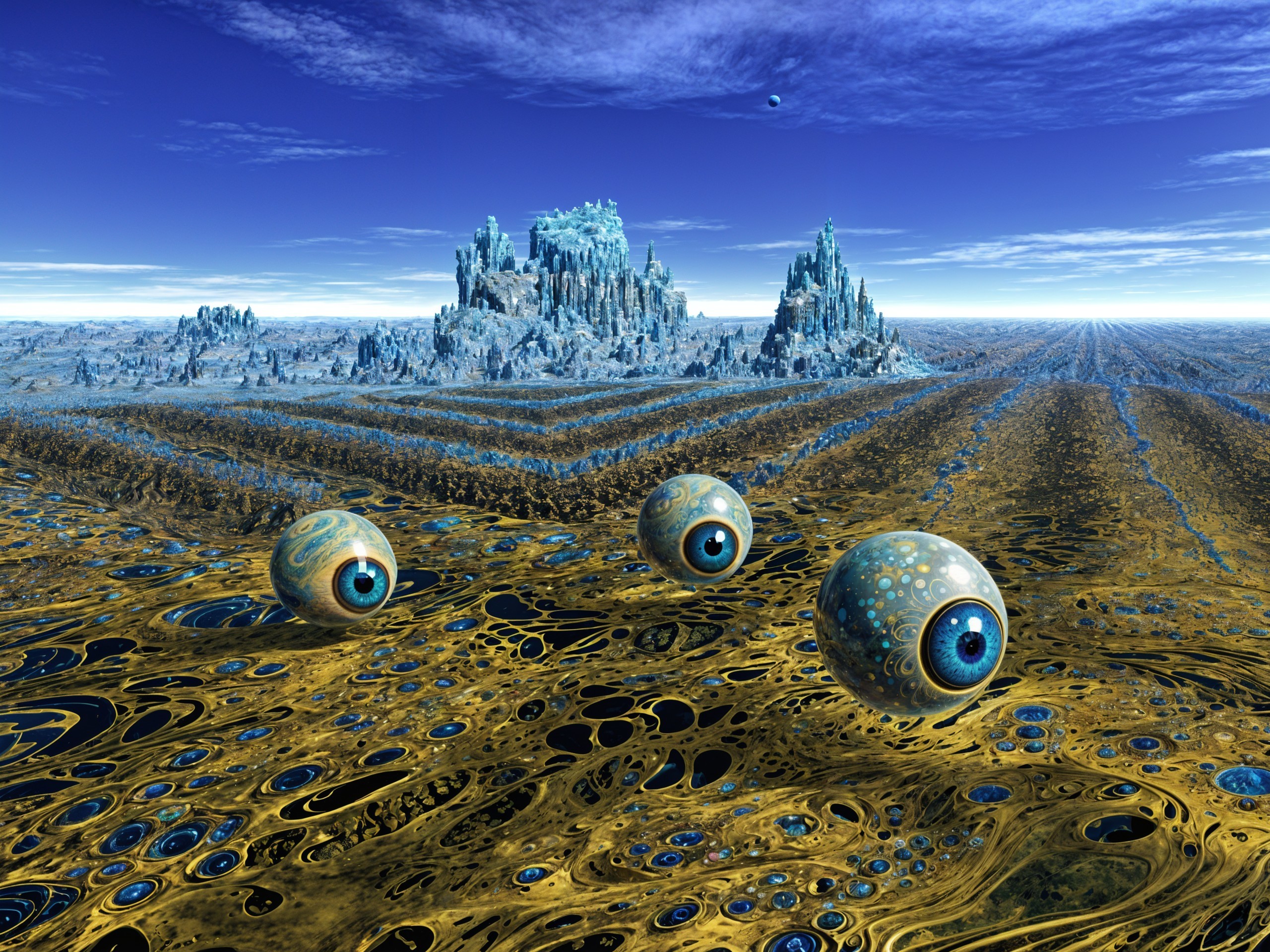 Surreal Landscape with Golden Terrain and Ice Mountains
