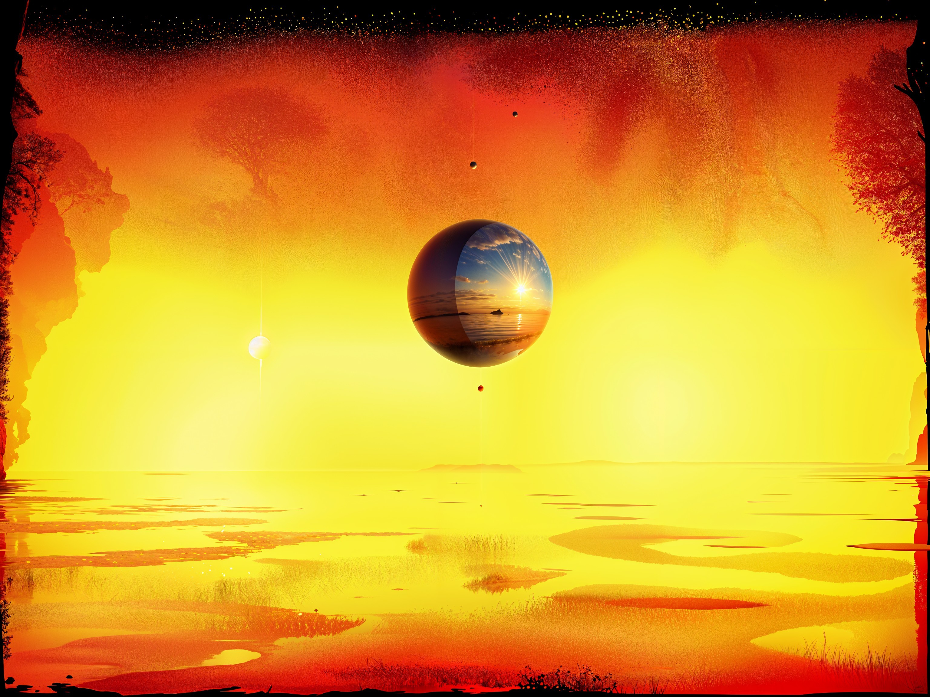 Surreal Landscape with Fiery Gradient and Celestial Elements