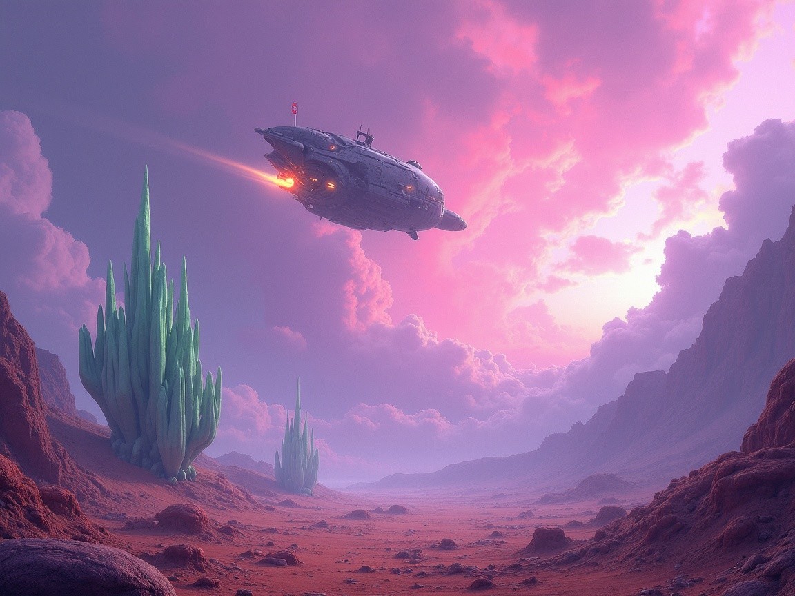 Futuristic Spaceship Over Alien Landscape with Crystals
