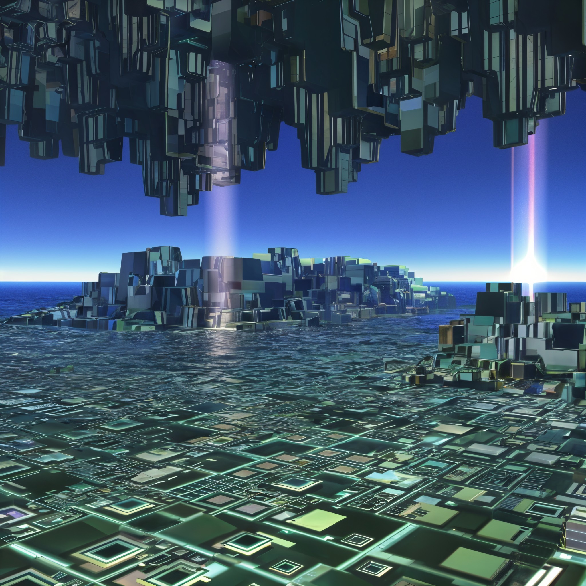 Surreal Landscape with Crystalline Structures and Sea