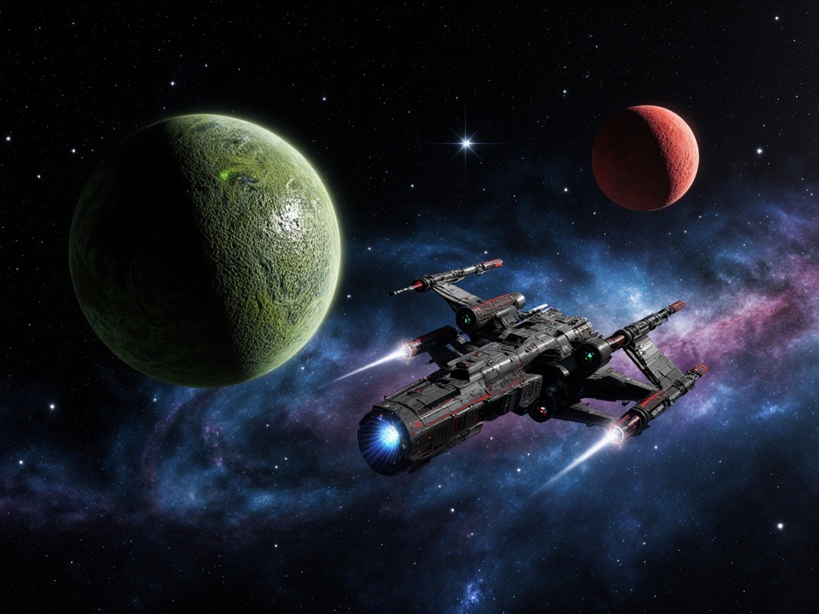 Sleek Spaceship Amidst Two Planets in Space Scene