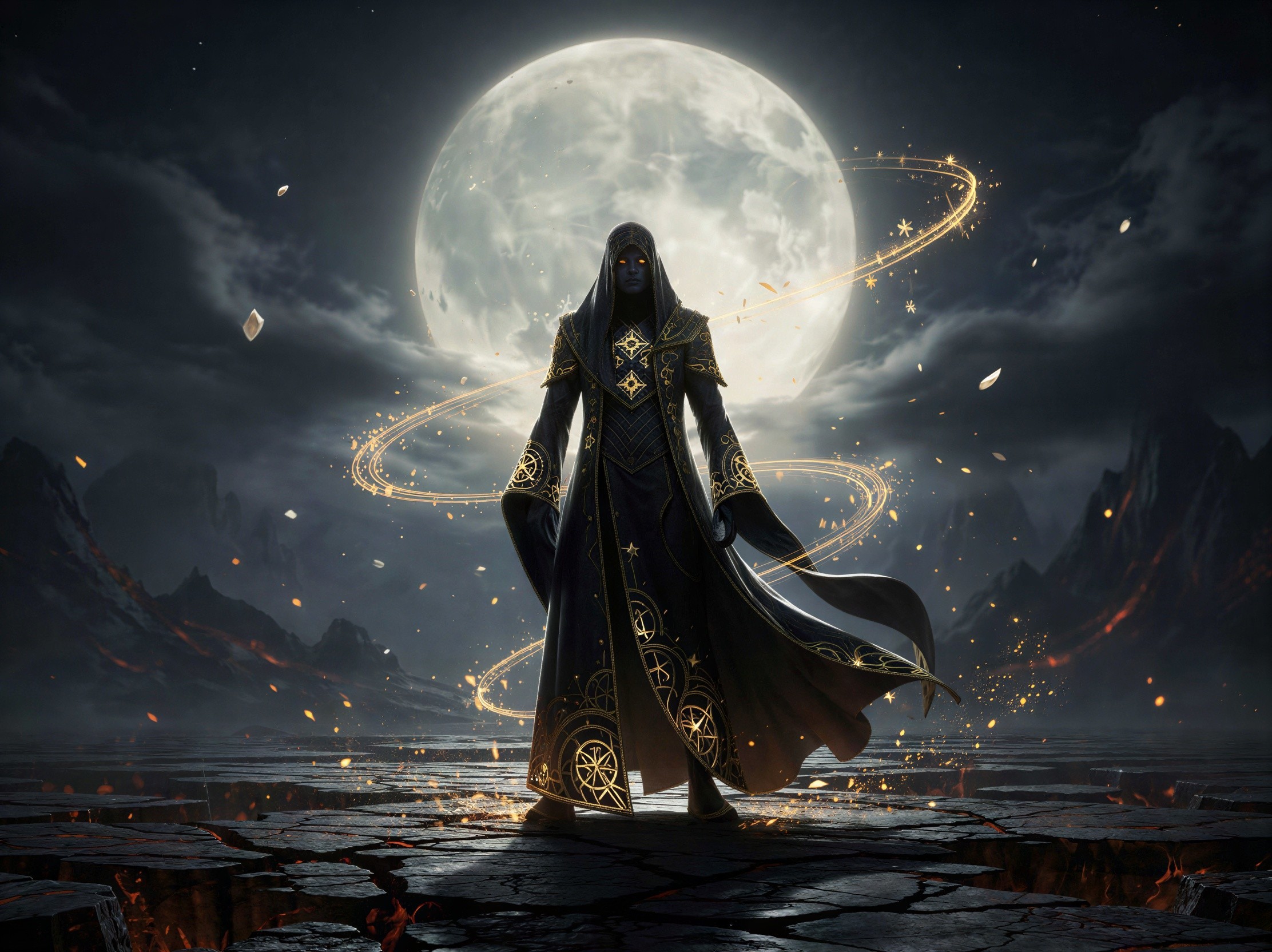Cloaked wizard on cracked earth with glowing moon