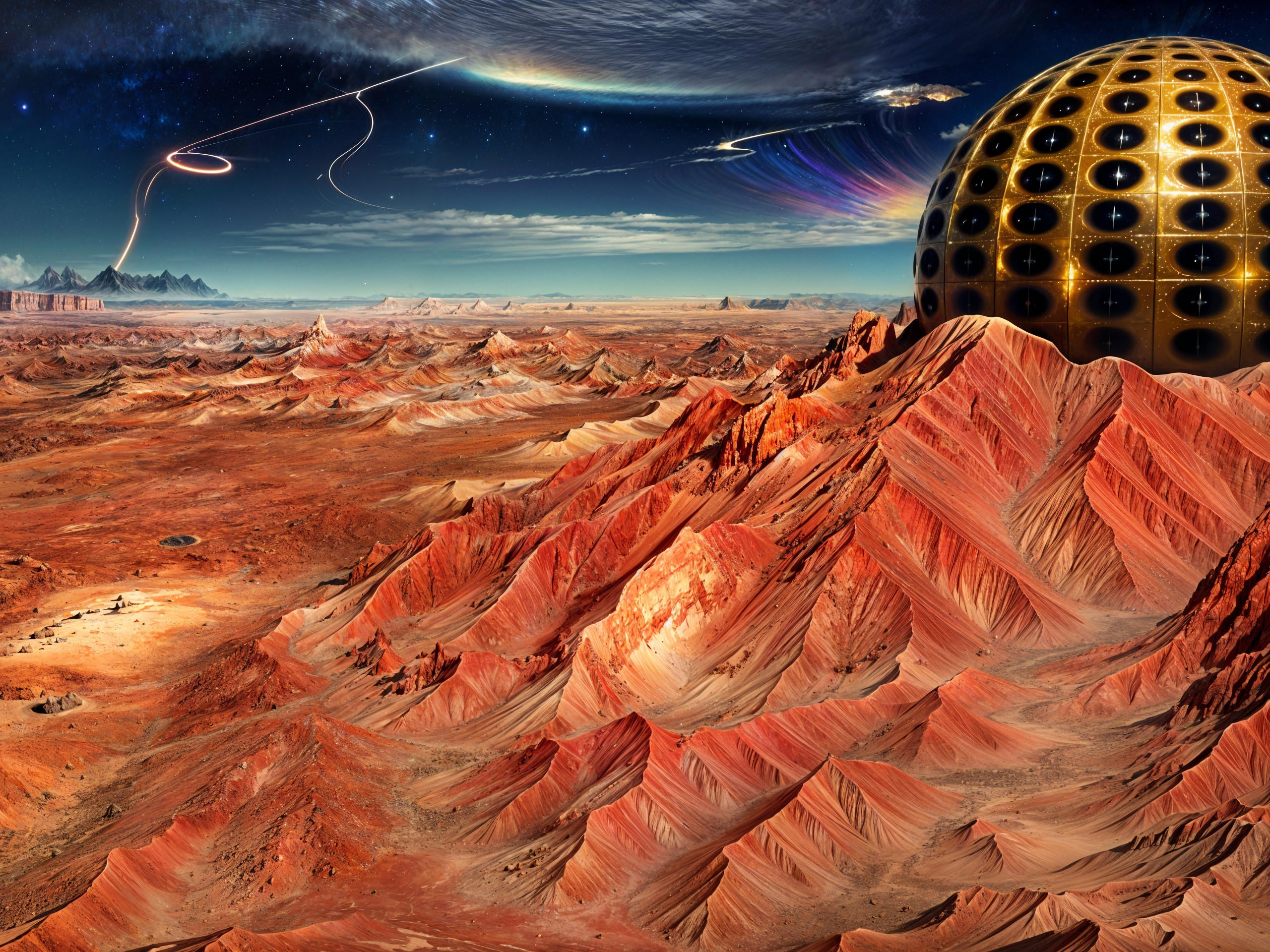 Surreal Alien Landscape with Red Mountains and Dome
