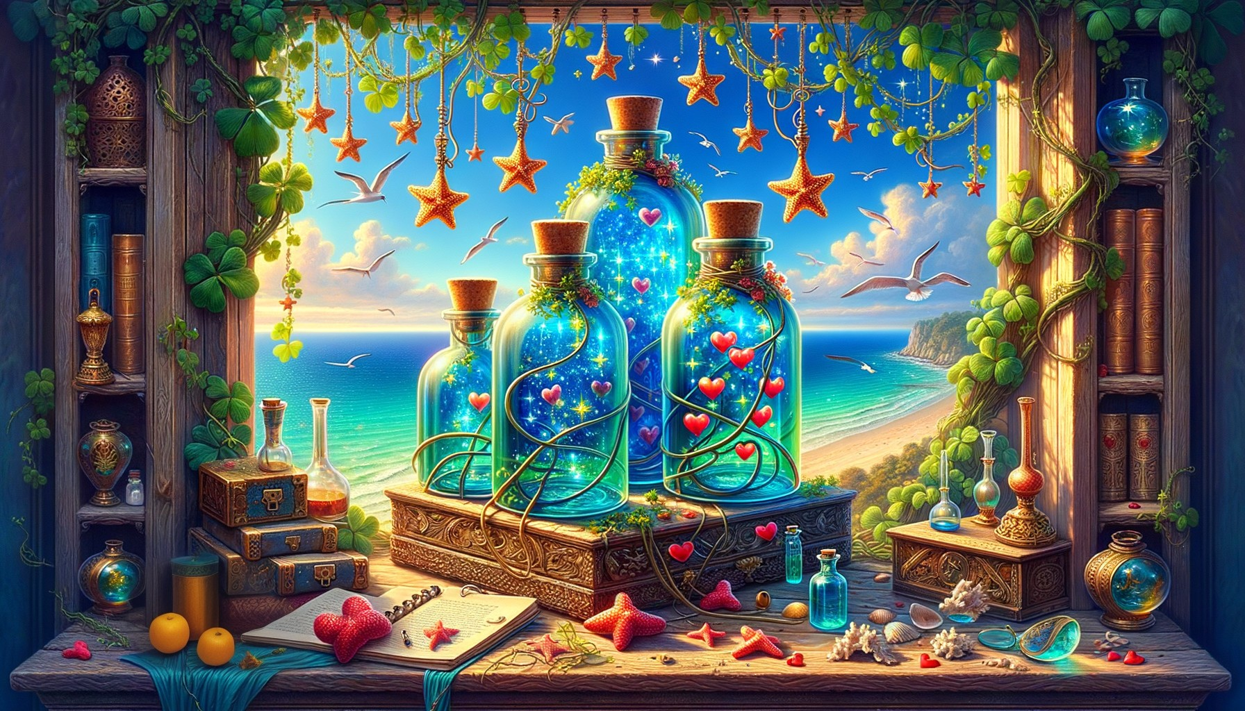 Coastal Window Display with Glass Bottles and Treasures