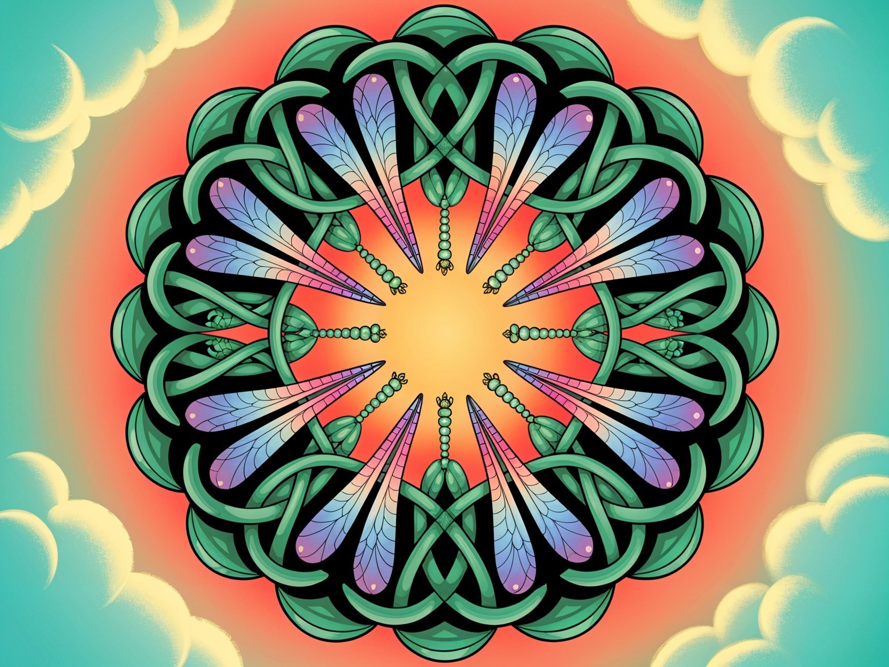Vibrant Mandala with Green Leaves and Geometric Shapes