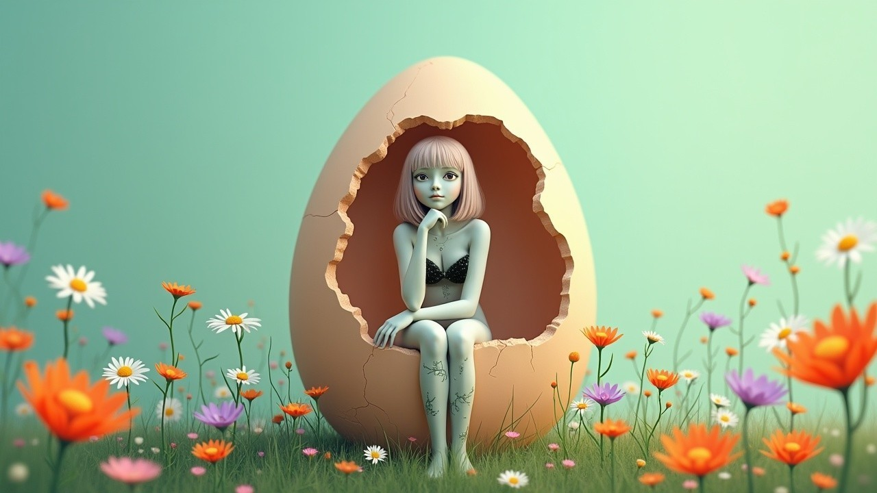 Whimsical Scene of Girl in Cracked Egg Surrounded by Flowers