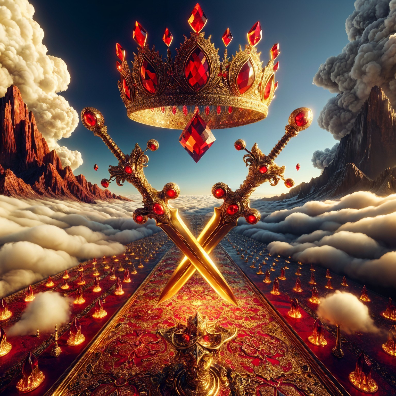 Crown and Swords in a Majestic Mountain Landscape