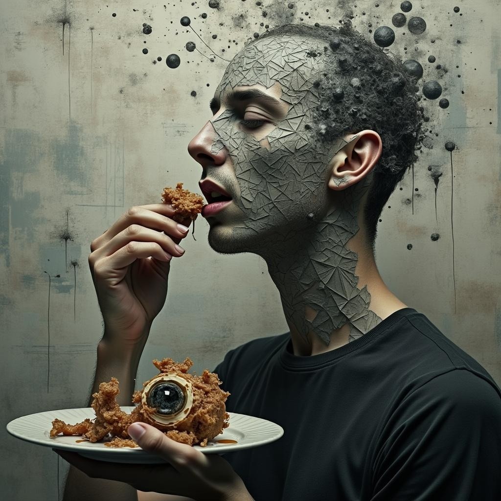 Textured Geometric Face with Fried Food in Surreal Setting