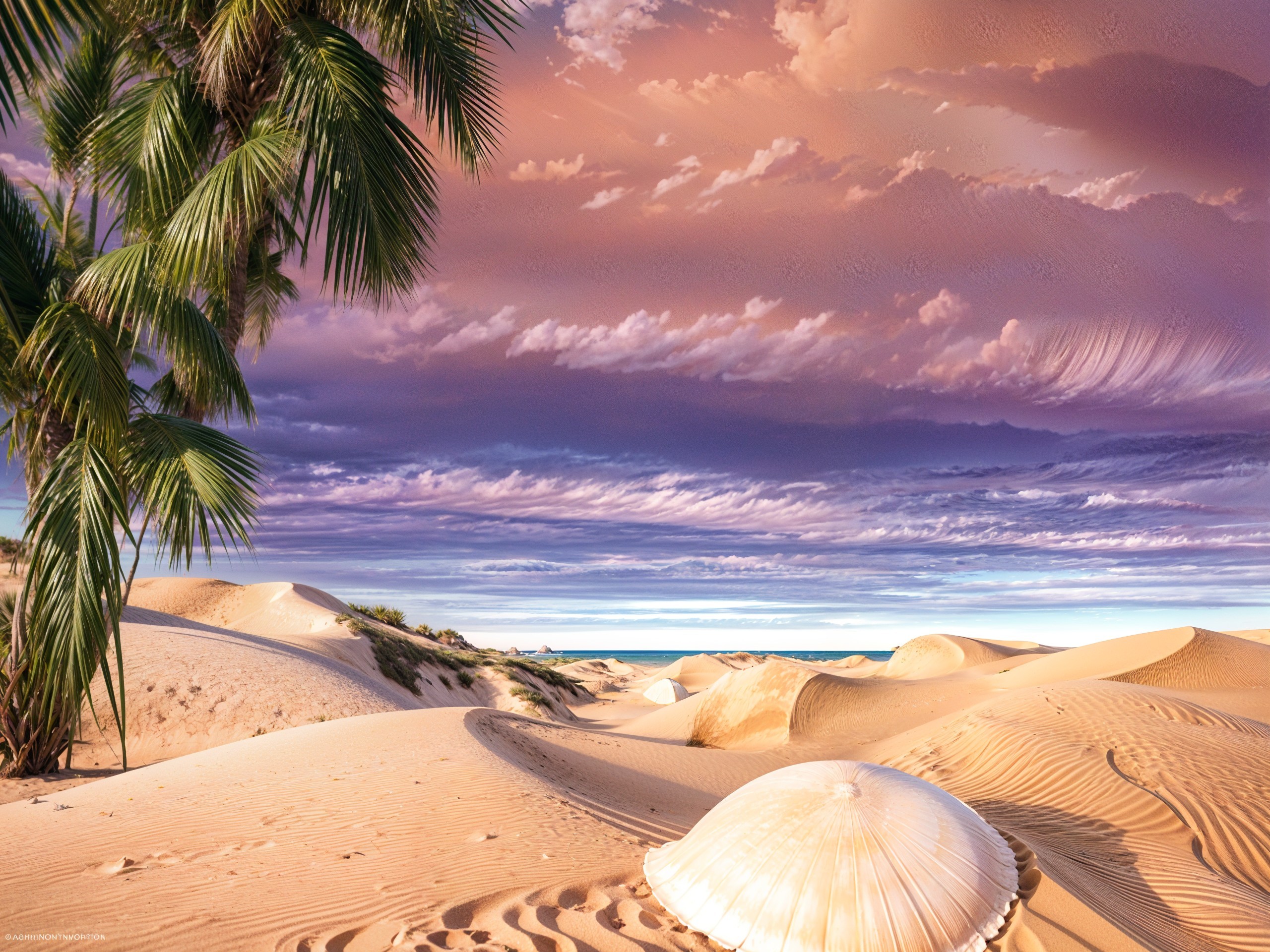 Serene Desert Landscape with Seashell and Palm Tree