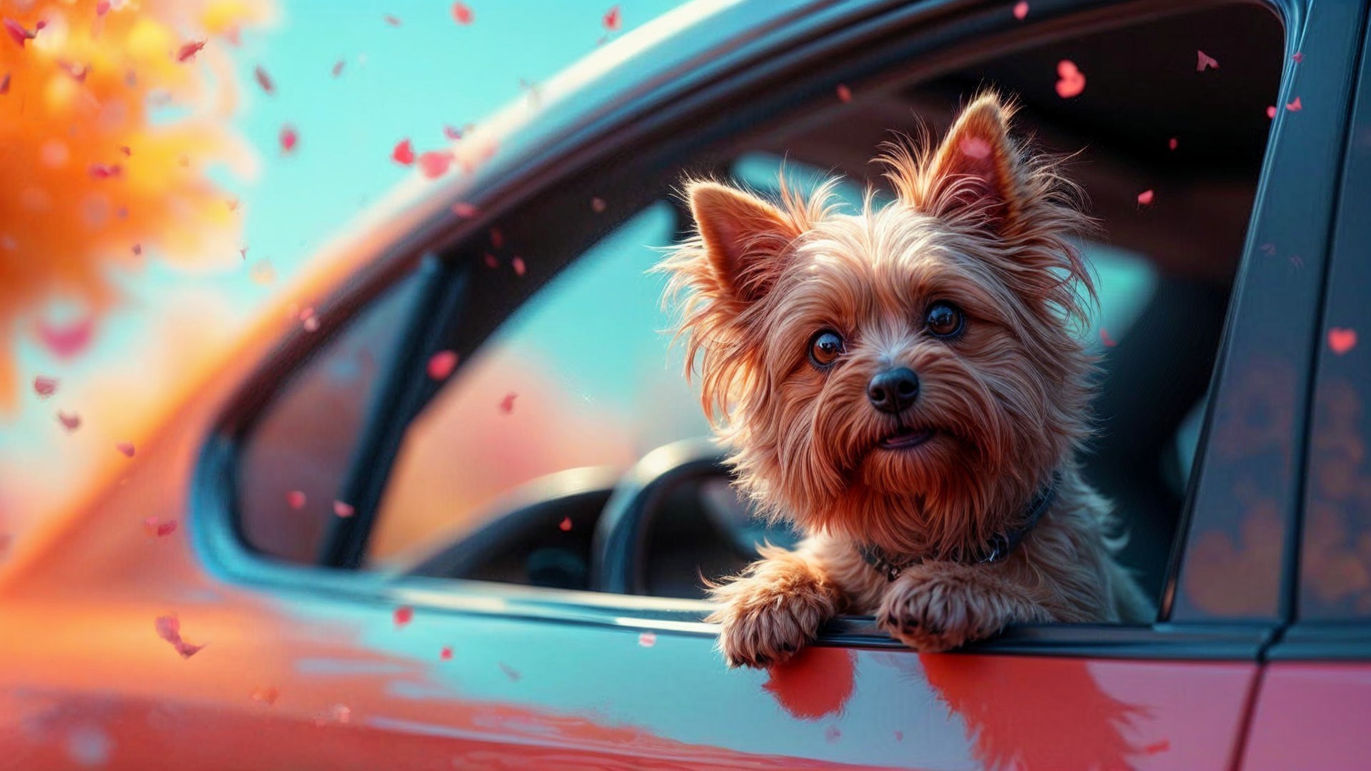 Fluffy Dog Gazing from Car Window with Hearts