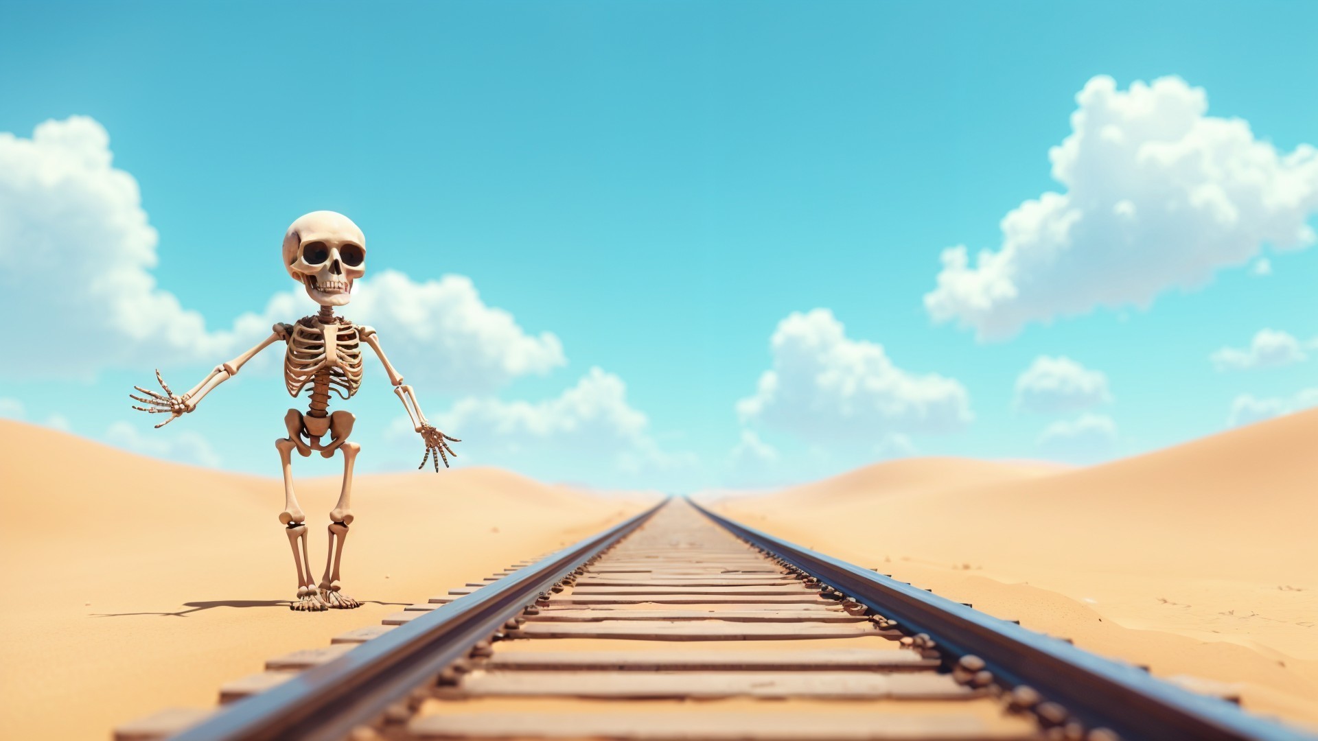 Cartoon Skeleton on Train Track in Desert Landscape