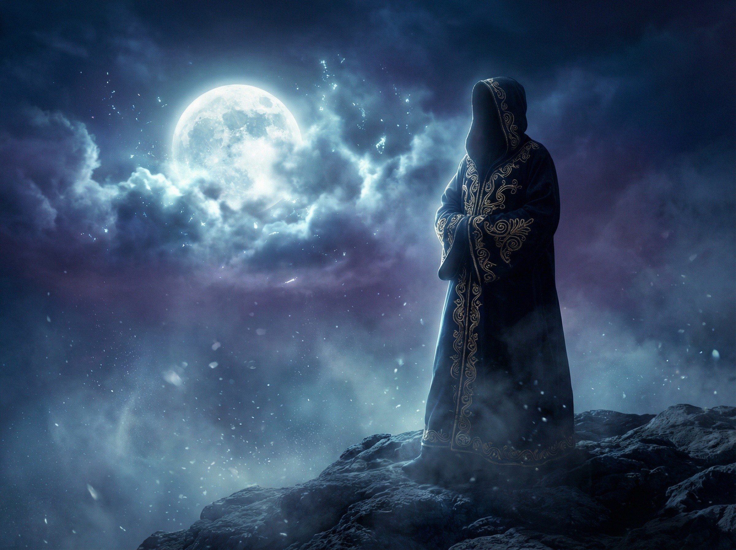 Hooded Figure on Cliff Under Luminescent Full Moon