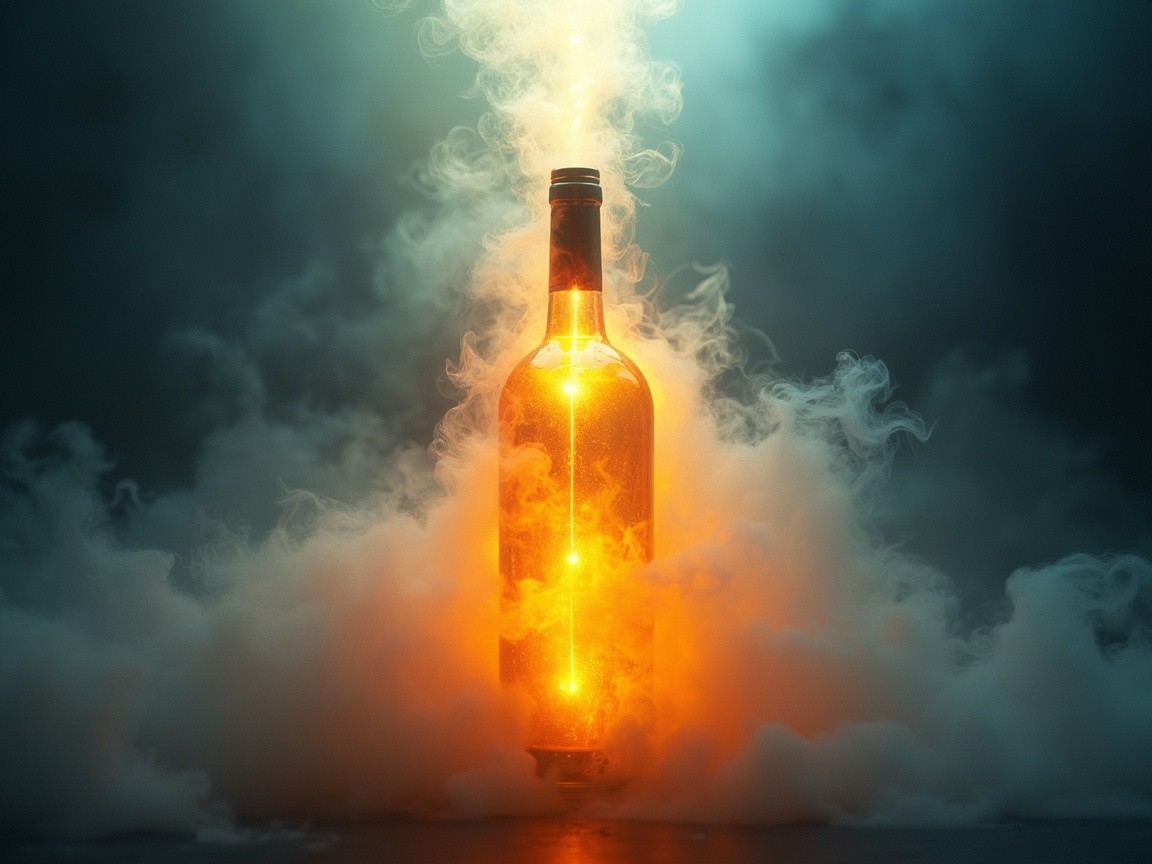 Glowing Bottle Surrounded by Mystical Swirling Mist