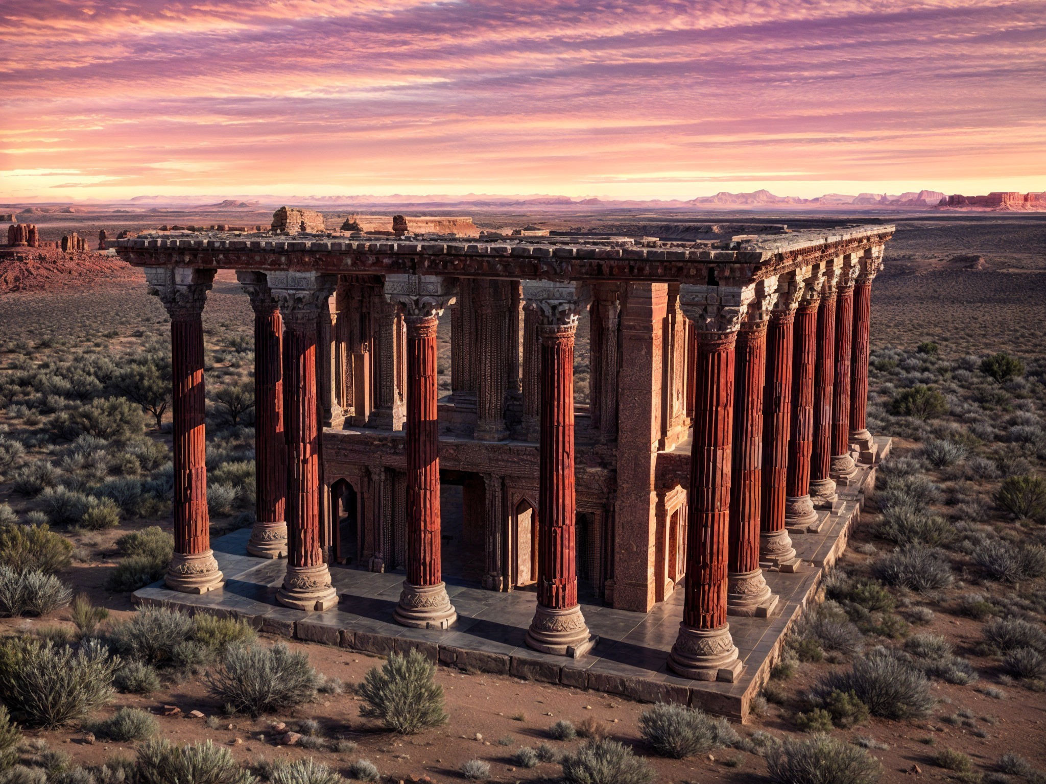 Ancient Structure with Red Columns at Sunset