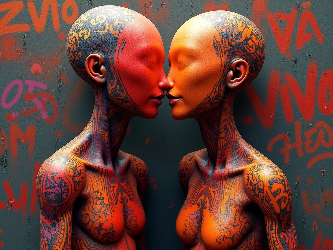 Stylized humanoid figures with vibrant tattoos and graffiti