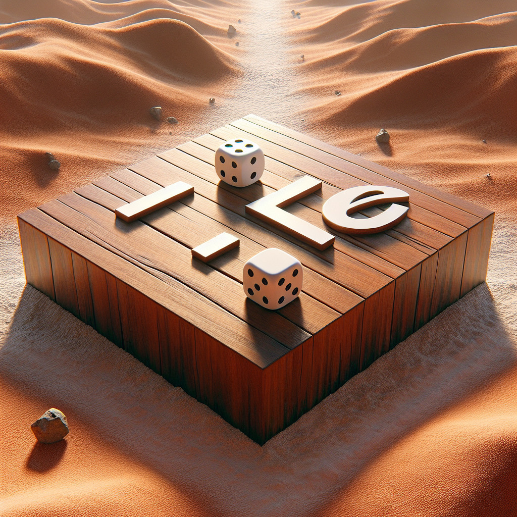 Wooden Platform with Dice in Desert Landscape