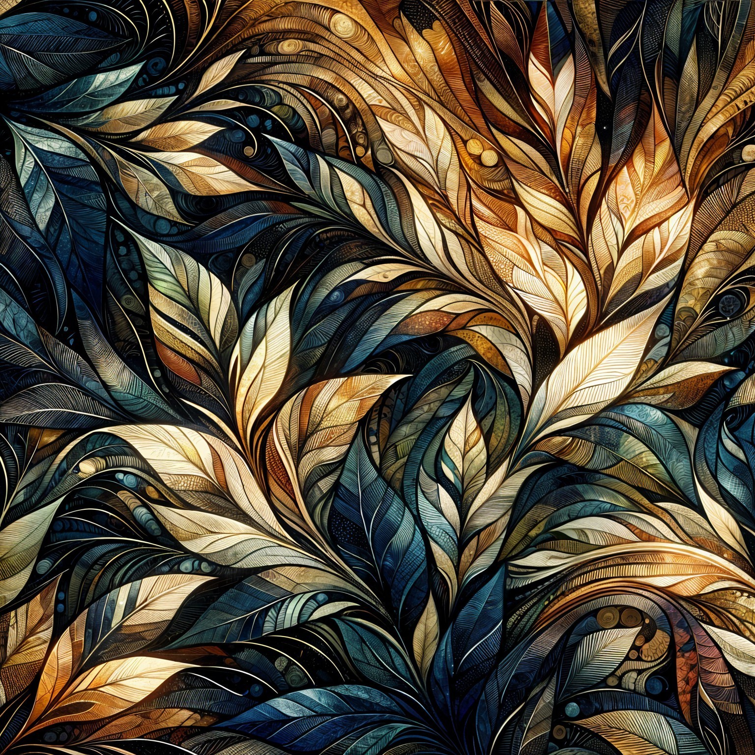 Intricate Pattern of Swirling Leaves in Gold and Blue