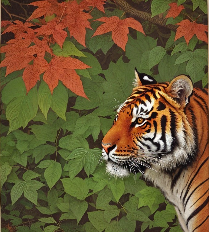 Tiger in Green Foliage with Red Leaves Background