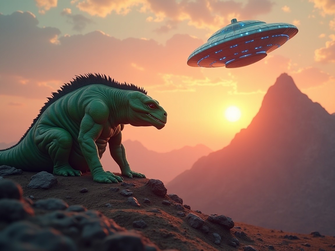 Dinosaur-like Creature Observes UFO at Sunset