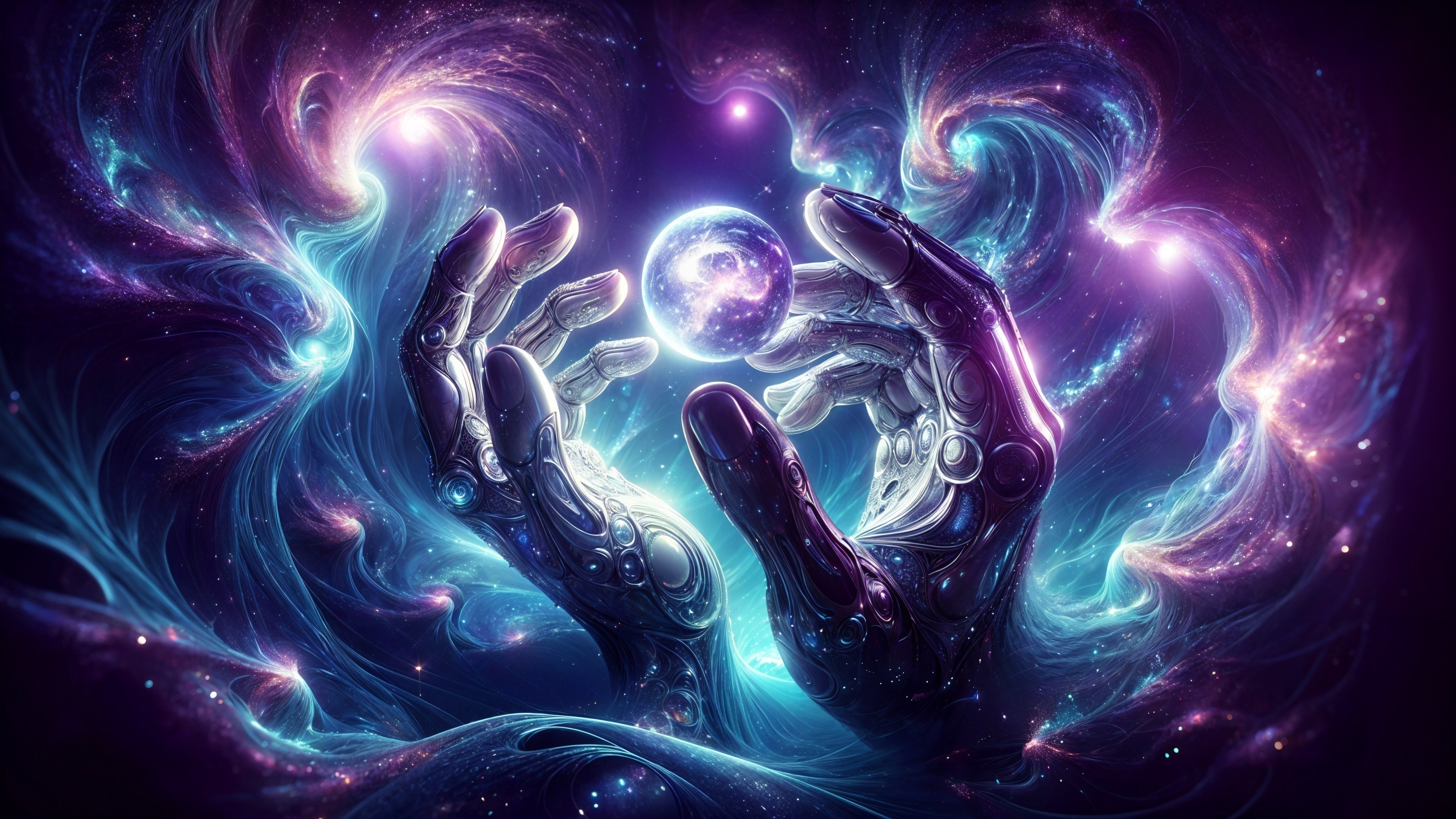 Metallic Hands Cradling Glowing Orb in Cosmic Swirl