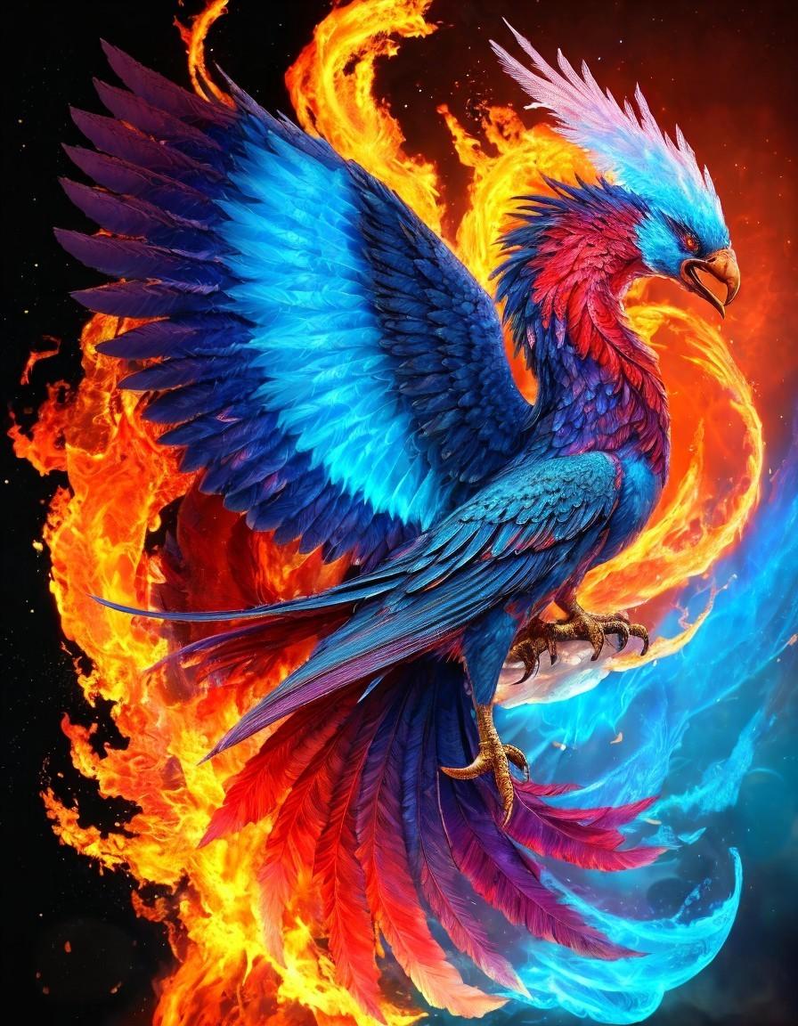 Majestic Mythical Bird with Vibrant Blue and Red Feathers