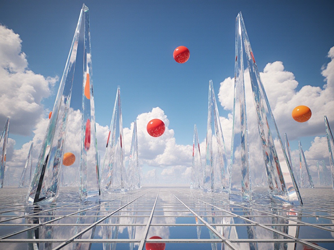 Surreal landscape with crystal spires and colorful spheres