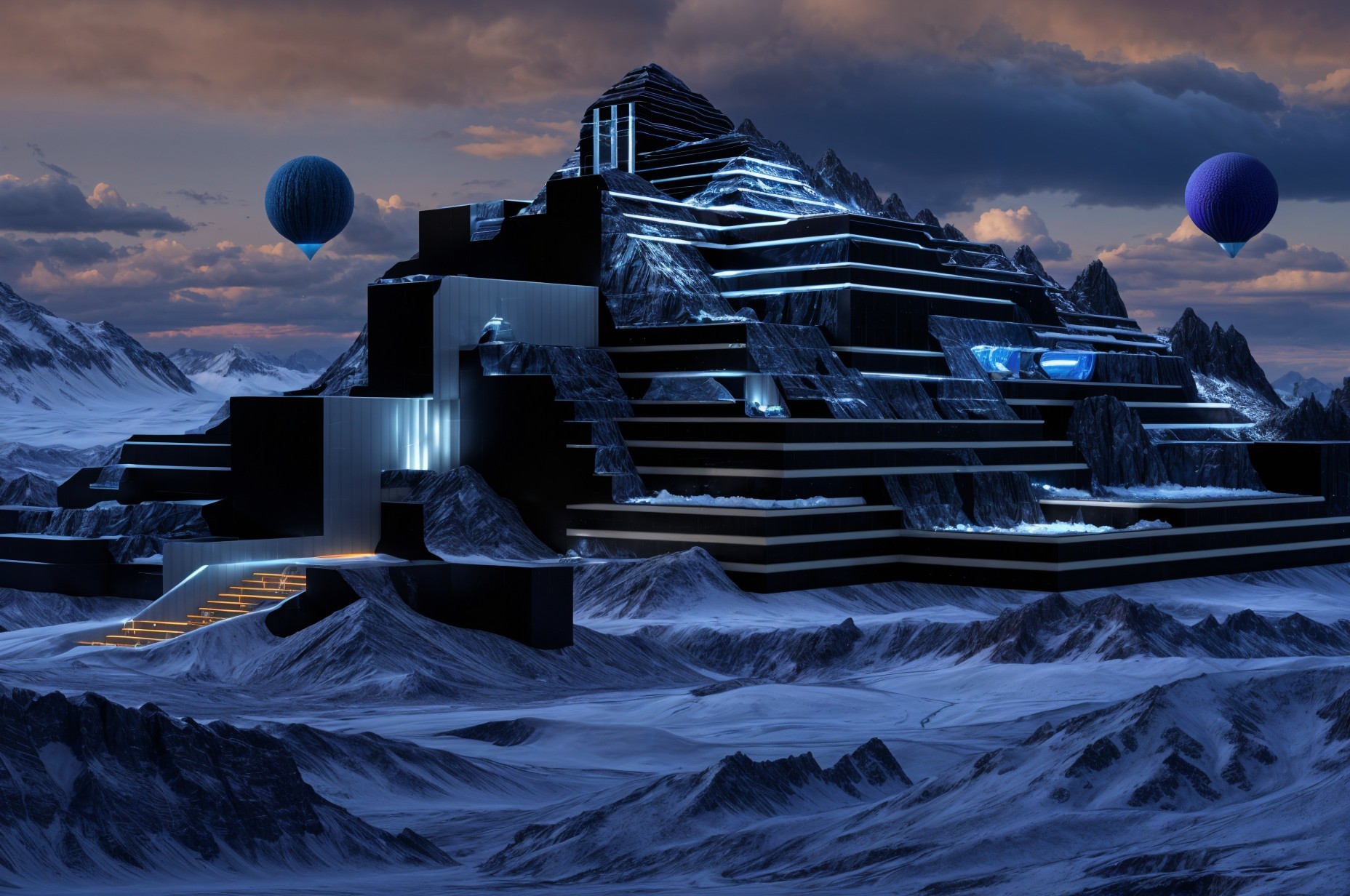 Futuristic Mountain Structure Against Twilight Sky