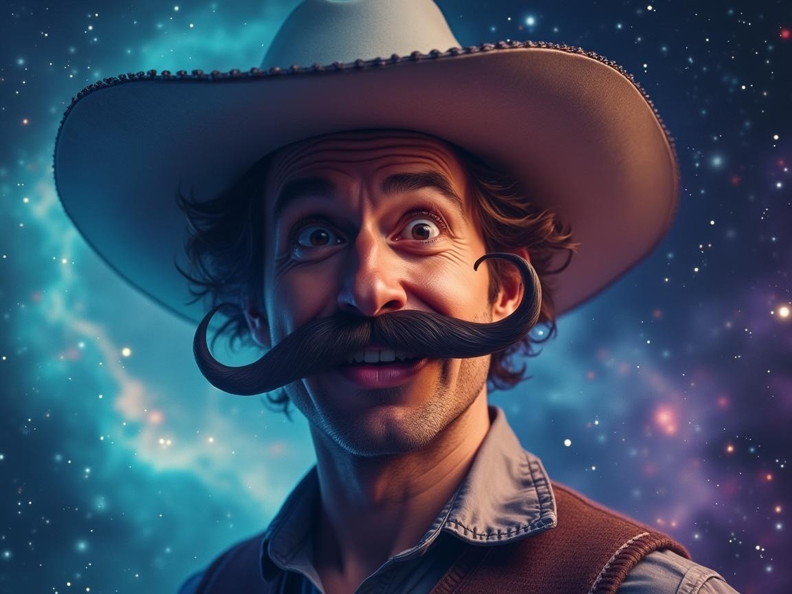 Cheerful Man in Cowboy Hat Against Cosmic Background