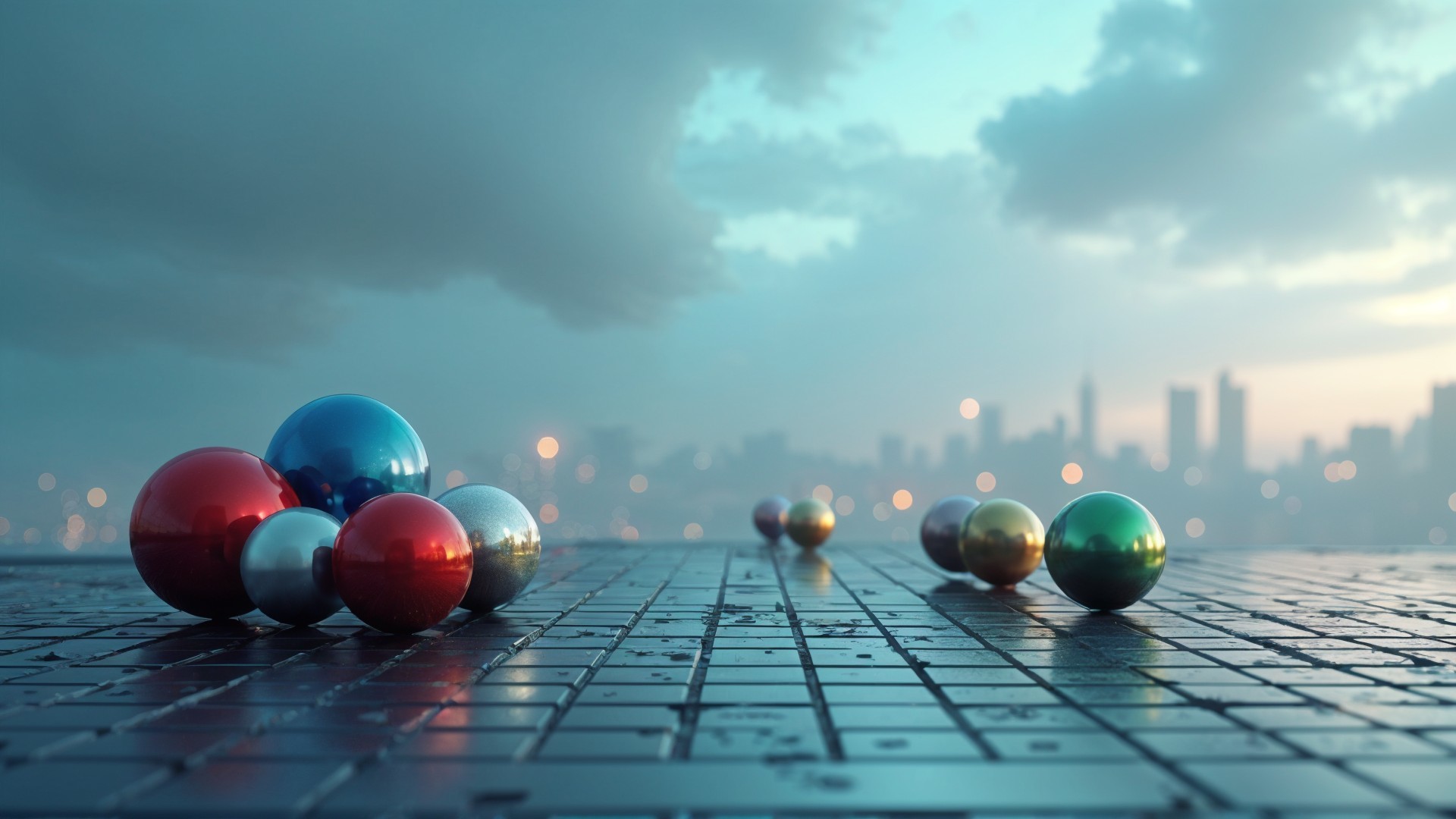 Colorful Spheres on Reflective Surface with City Skyline