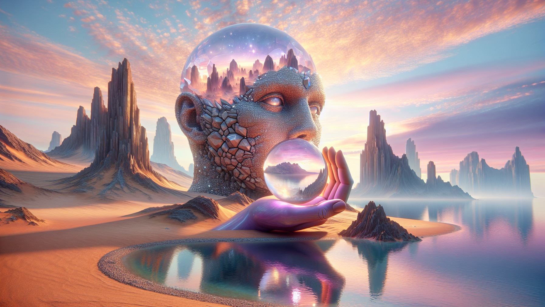 Surreal Landscape with Fragmented Giant Head and Sunset